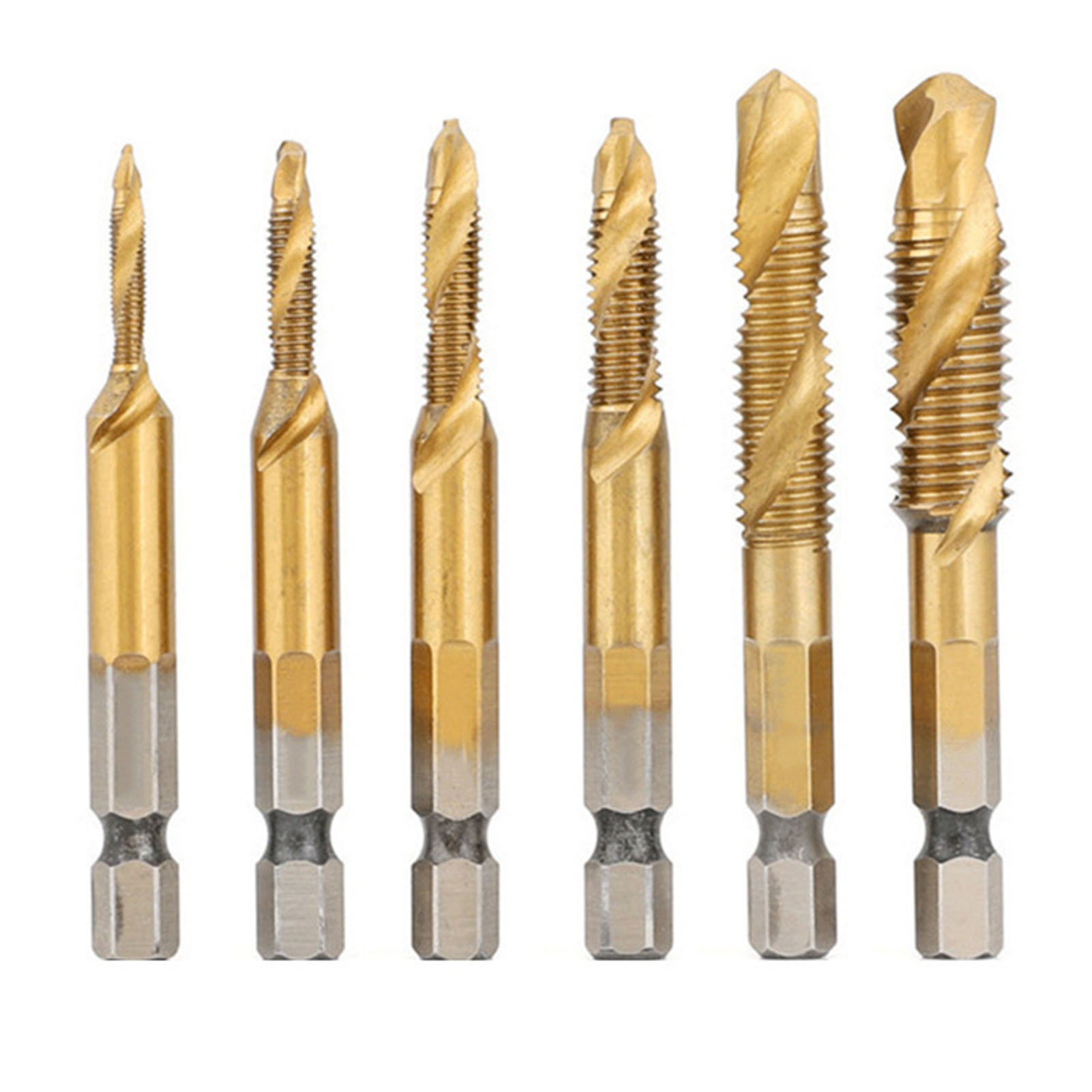 Hexagonal Shank Drilling and Tapping One Compound Wire Tapping Tap Drill Bits High Speed Steel Multifunctional One Compound Tap 6-piece set 4341 tap short gold