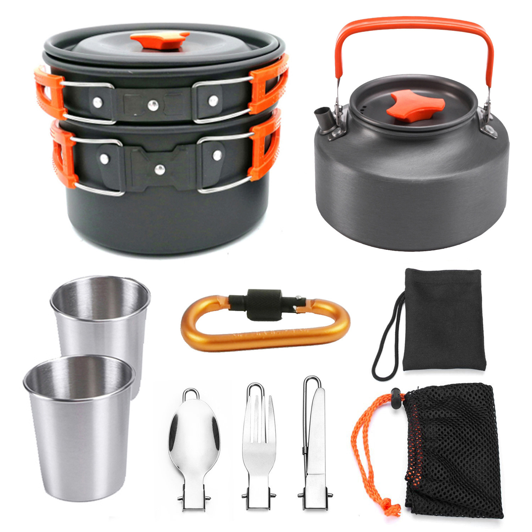 10pcs Camping Cookware Mess Kit 2-3 Persons Lightweight Kettle Pot Pan with 2 Cups Fork Spoon Kit Backpacking Gear for Outdoor Camping Picnic Backpacking Hiking