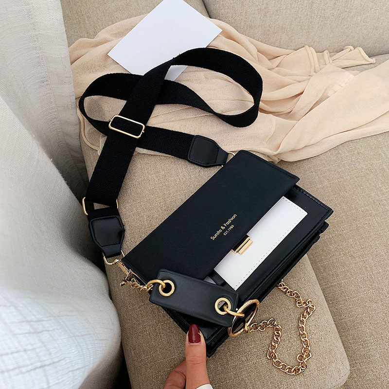 Women Crossbody Bag Sunita & Fashion EST.1985 PU Leather Colorblock Splicing Chain Strap Flap Business Shoulder Bag