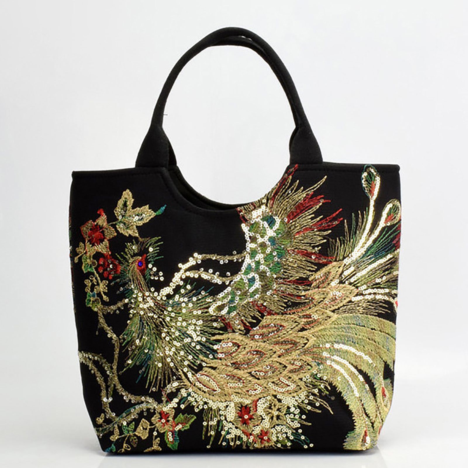Women Shoulder Bag Peacock Embroidered Shiny Sequins Zipper Canvas Tote Bag Handbag