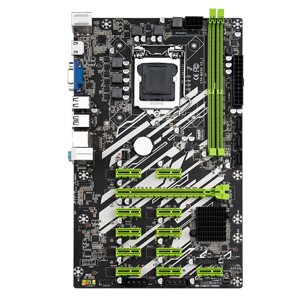 ETH-B250 Motherboard Support Intel Core/Pentium/Celeron LGA1151 6/7/8th Generation CPU Onboard VGA+HD Ports Support 12 Graphics Cards