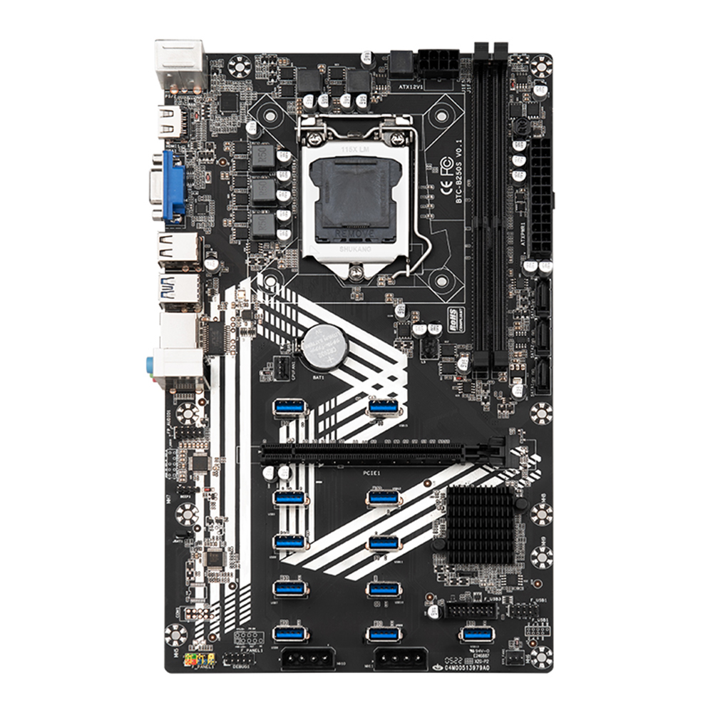 BTC-B250S Motherboard Support Intel Core/Pentium/Celeron LGA1151 6/7/8th Generation CPU Onboard VGA+HD 1*PCI-E 16X+11*USB3.0 Slots