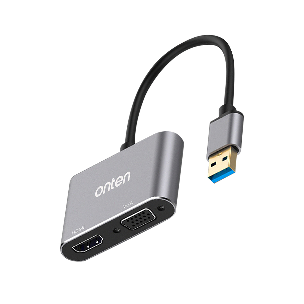 onten USB 3.0 to HD VGA Adapter Dual Displays/Mirroring & Extending Modes/1920*1080/Video Audio Sync Output/Driver Required Grey