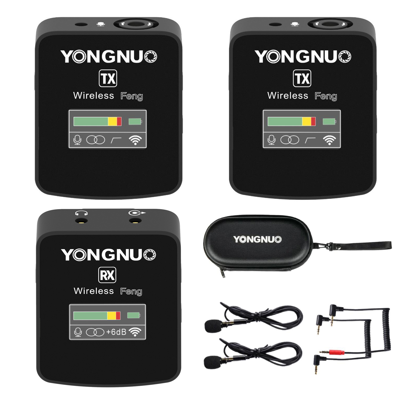 YONGNUO Feng One-Trigger-Two 2.4G Wireless Microphone System with 2 * Transmitters + 1 * Receiver + 2 * Clip-on Microphones Max.150M Transmission Rang TFT Screen Built-in Battery 3.5mm Plug for Smartp