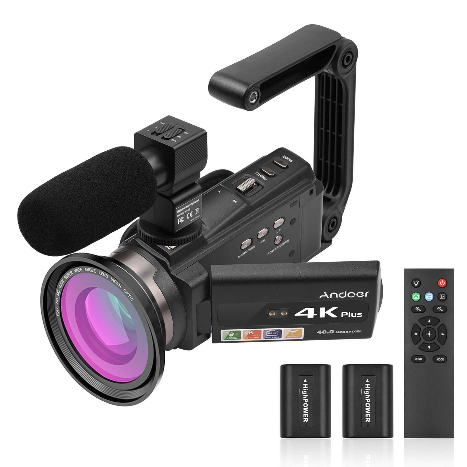 Andoer 4K/60FPS 48MP WiFi Digital Video Camera Set 1 Camcorder Recorder + 1 Microphone + 1 Remote Control + 2 Batteries + 1 Camera Lens + 1 Handle Grip with 16X Zoom 3 Inch Touchscreen IR Infrared Nig