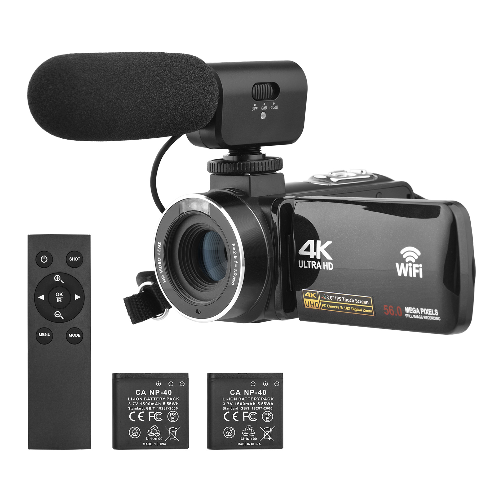 4K Digital Video Camera WiFi Camcorder DV Recorder 56MP 18X Digital Zoom 3.0 Inch IPS Touchscreen Supports Face Detection IR Night Vision Anti-shake with 2pcs Batteries + Remote Control + Carry Bag + 