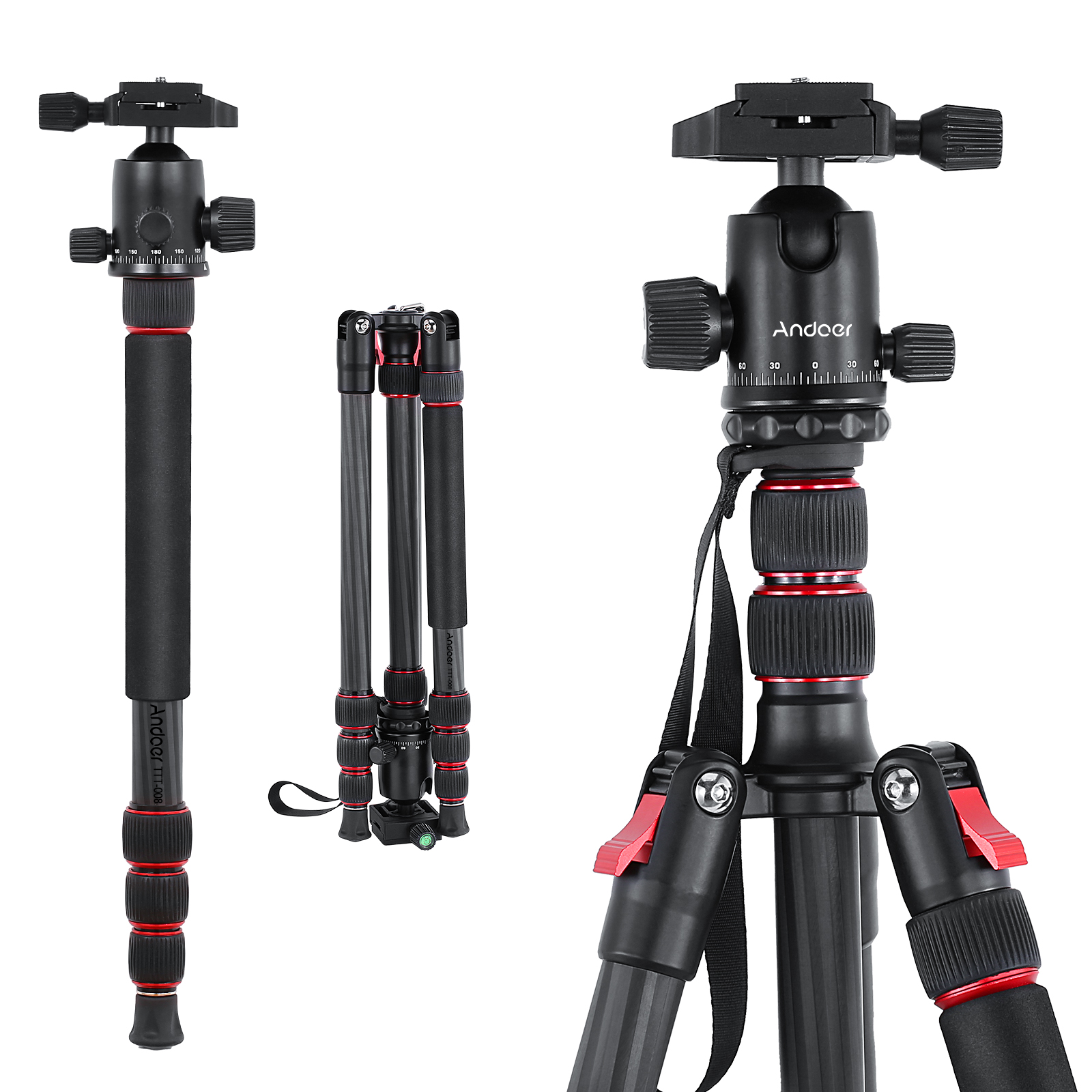 Andoer TTT-008  200cm/78.7in Adjustable Carbon Fiber Camera Tripod Stand Monopod 12KG Payload with Quick Release Ball Head with Carry Bag