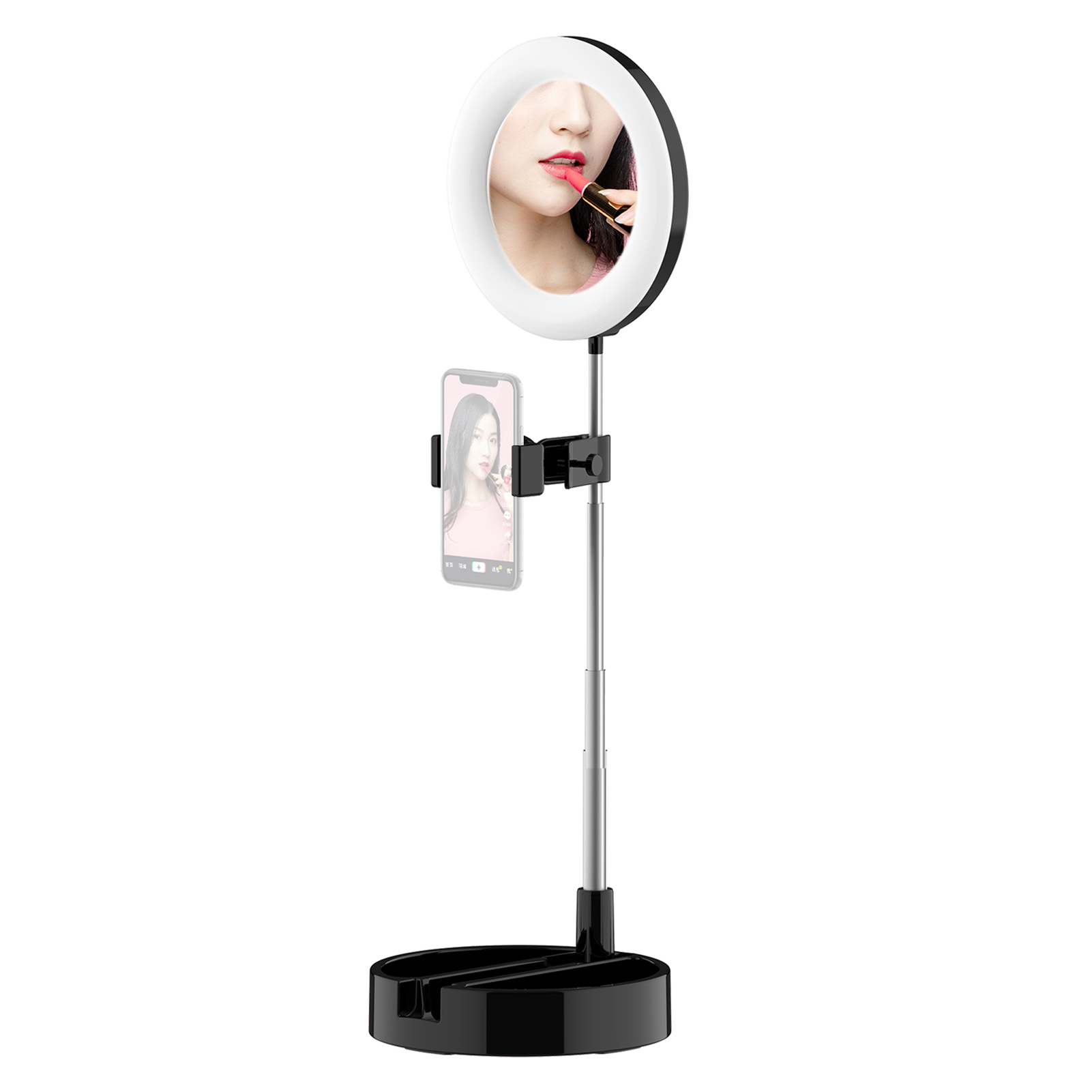 Portable LED Ring Light Foldable Desk Circle Lamp Fill Light with Makeup Mirror Phone Holder 3 Color Modes & 10 Brightness Levels for Selfie Video Recording