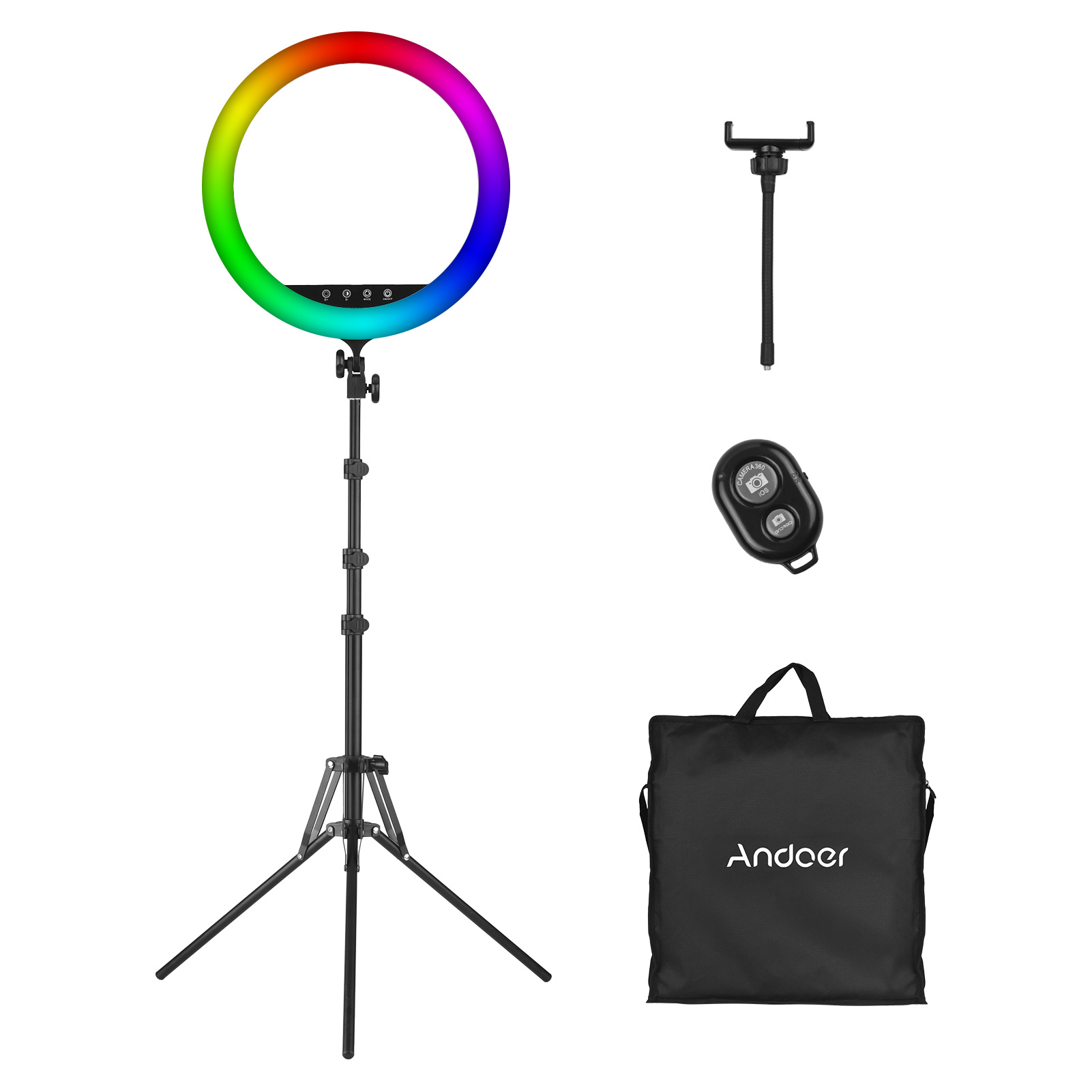 Andoer 18 Inch RGB Ring Light Kit with LED Selfie Ring Light 2500K-8500K Dimmable Touch Button/ APP Control + 190cm/75in Metal Light Stand + Flexible Phone Clip + Wirelss Remote Shutter + Carry Bag fo