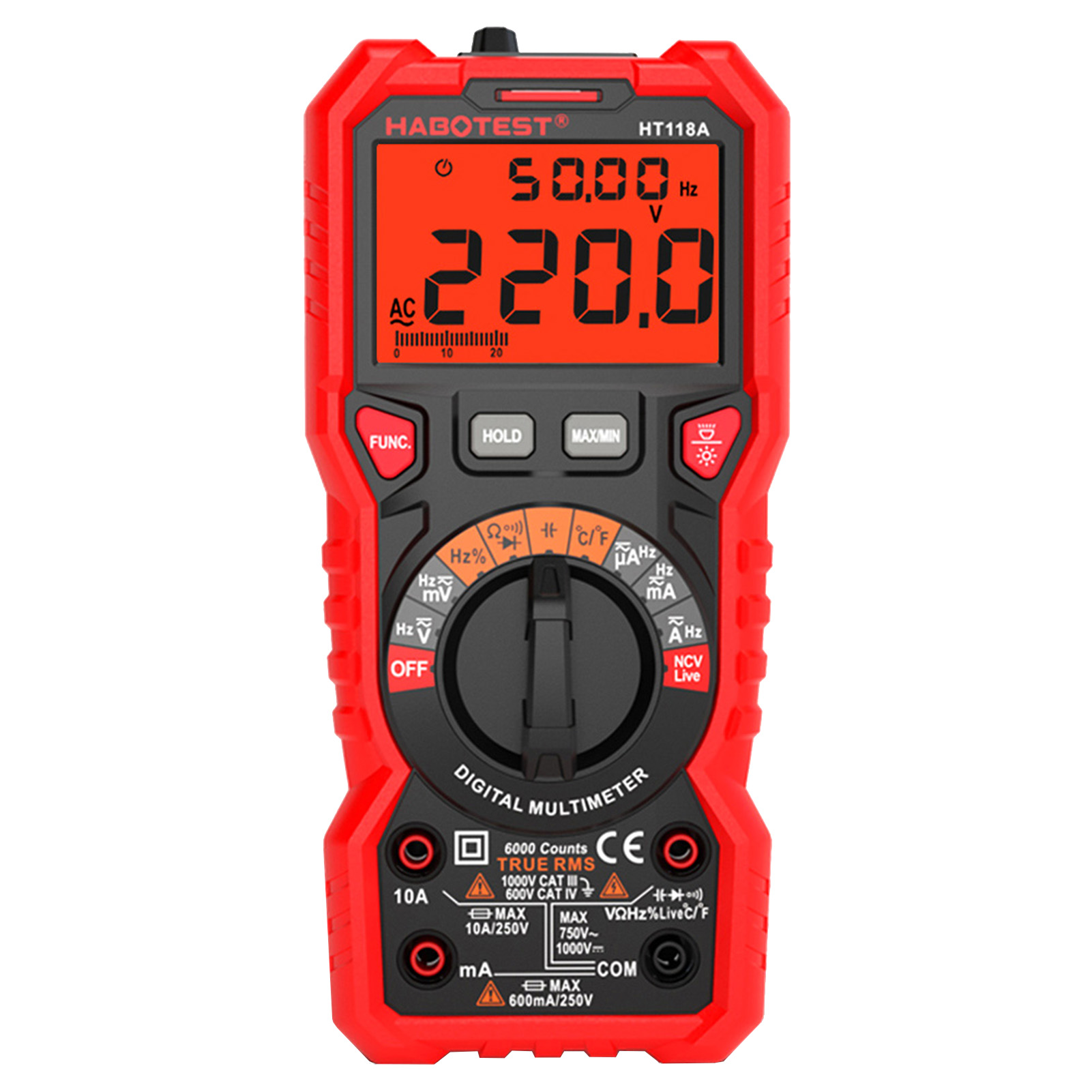 HABOTEST HT118A Digital Multimeter Auto Range Multi-meter 6000 Counts True RMS Measuring AC/DC Voltage Current Resistance Capacitance Frequency Temperature NCV Test Diode with LCD Backlight Flashlight