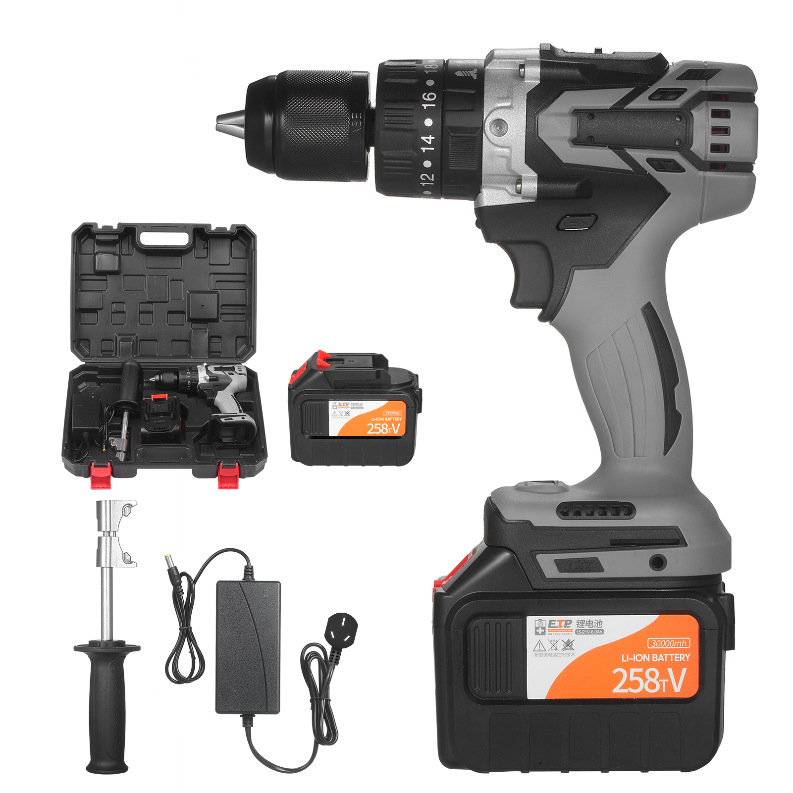 21V 6.0A Cordless Drill Driver Batteries Max Torque 200N.m 1/2 Inch Metal Keyless Chuck 20+3 Position 0-1550RMP Variable Speed Impact Hammer Drill Screwdriver With PlasticTool Box