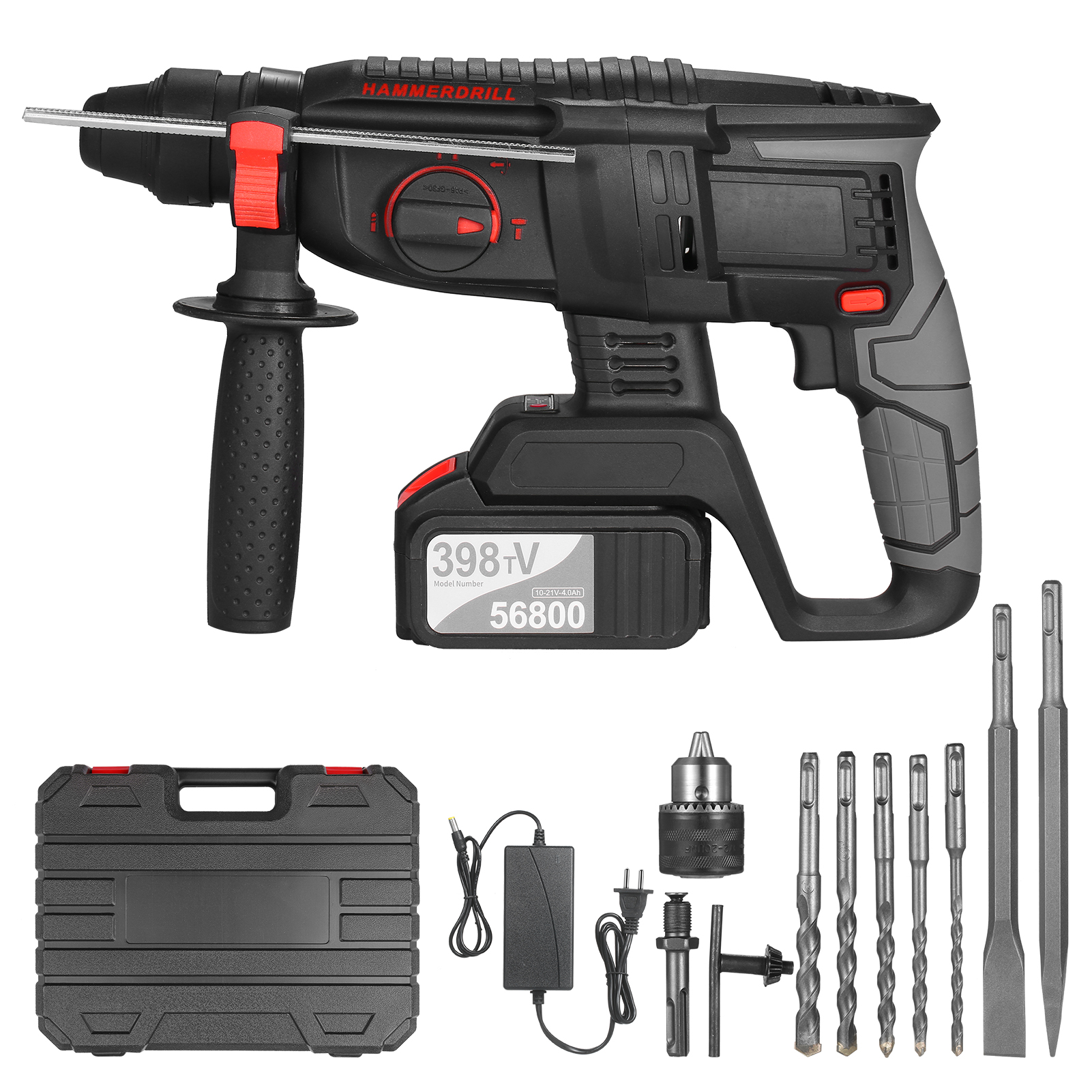 21V Brushless Heavy Duty 4 Function Rotary Hammer Drill 1 Inch SDS-plus Adjustable Grip Handle 980 RPM Cordless Drill Demolition Kit with 9 Attachments and Carry Box