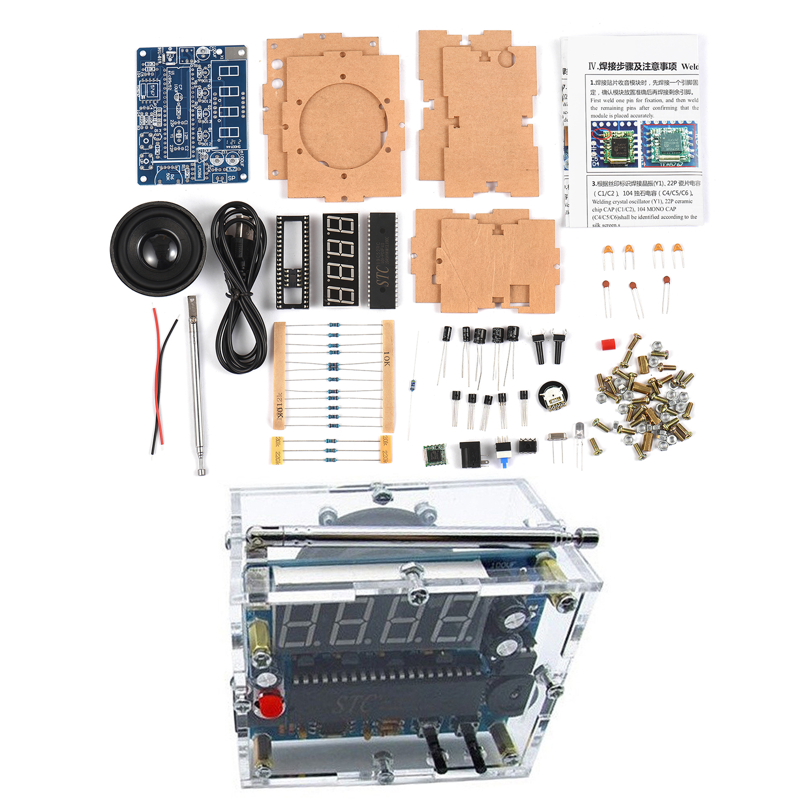 LED Digital FM Radio DIY Kit SCM FM Radio Module Soldering Project Practice Kit 5W Speaker 87-108MHz Stepping Adjustment for Learning Teaching, DC 5V USB Cable, Transparent Shell