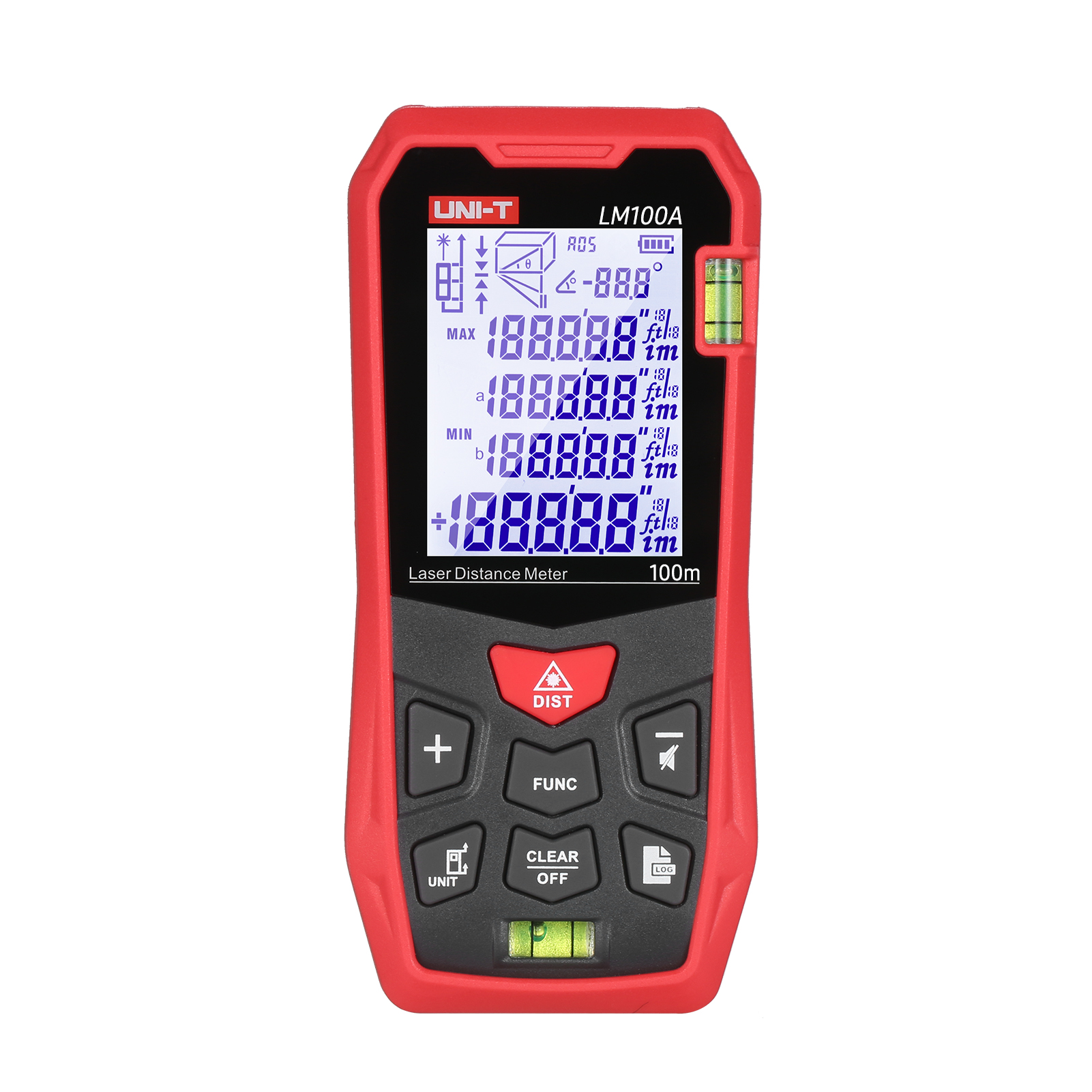 UNI-T LM100A Laser Distance Measure Meter 100M with 2 Bubble Levels LCD Backlit Display Pythagorean Mode Measure Distance Area Volume Mute Function 99 Groups Data Storage Carrying Bag