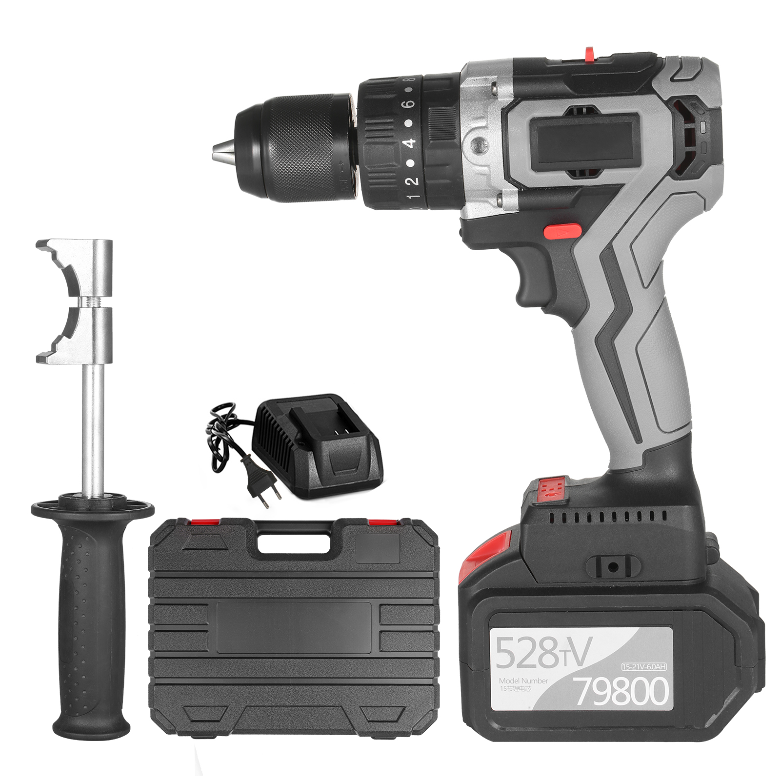 Cordless Drill Driver 21V 6.0A Battery Max Torque 200N.m 1/2 Inch Metal Keyless Chuck 20+3 Position 0-1550RMP Variable Speed Impact Hammer Drill Screwdriver With Plastic Tool Box