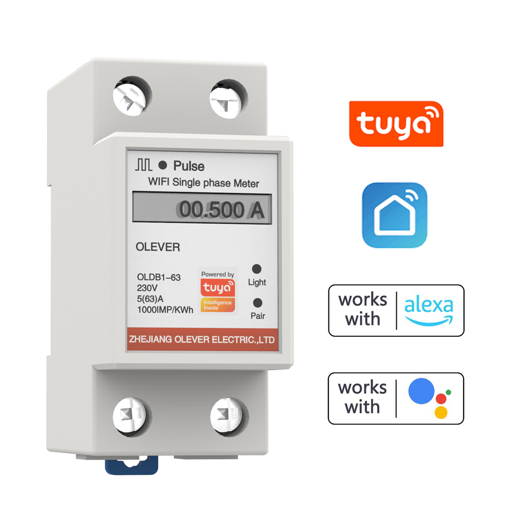 Tuya WiFi Intelligent Metering Energy Meter Singles Phase Meter Mobilephone APP Remotes Viewing Voltage Current Active Power Electricity Consumption Display Meter