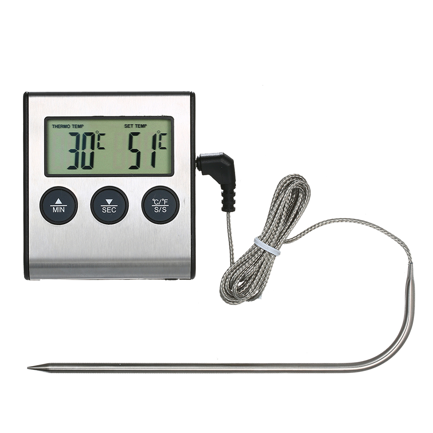 BBQ Grill Thermometer Food Thermometer 0~250°C Food Cooking Thermometer with Alarm Timer Function LCD Digital Food Temperature Gauge for Kitchen BBQ Steak Barbecue