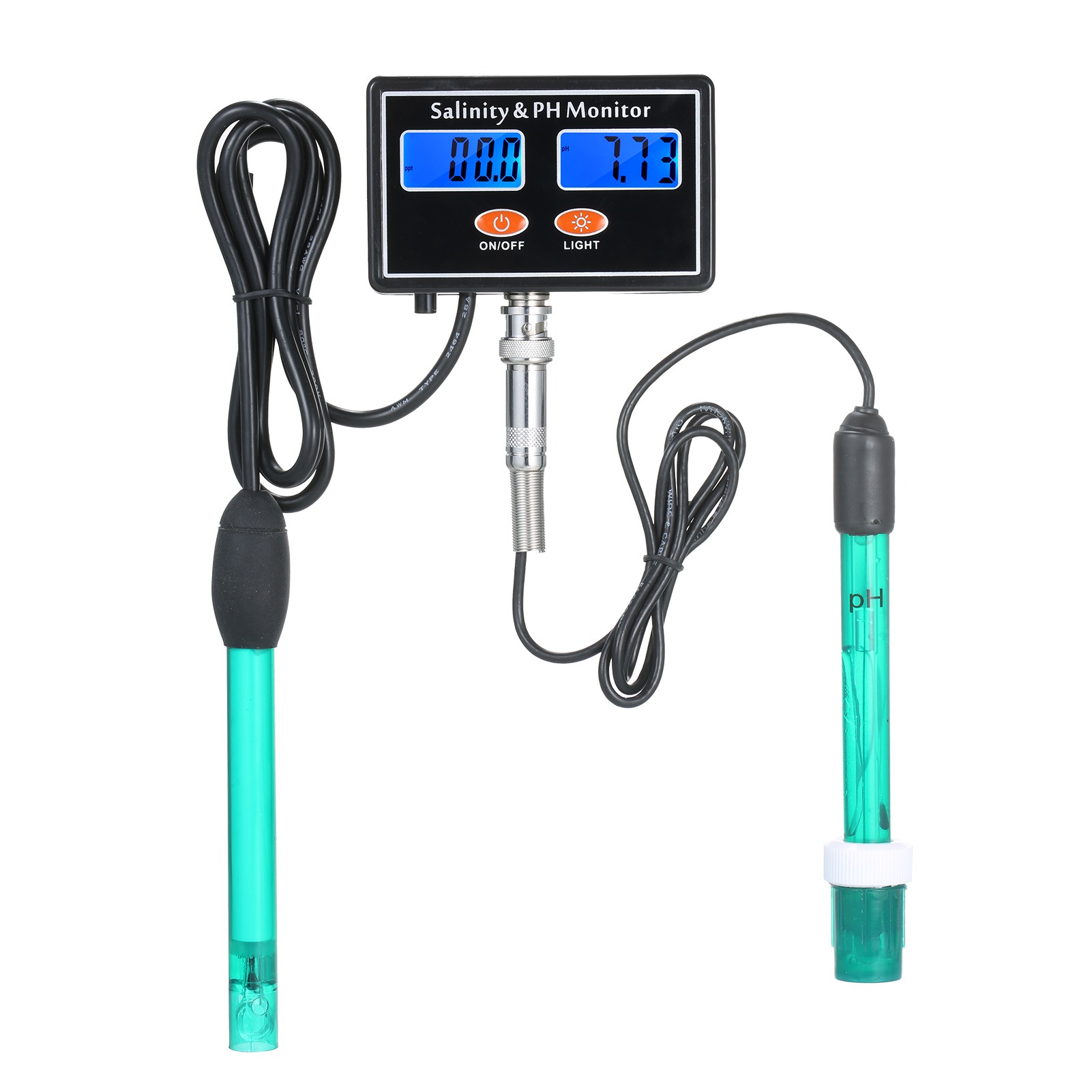 2-in-1 PH/Salinity Water Quality Monitor Multi-functional pH & Salinity Monitor Meter Sea Water Salinity Monitor PH Water Quality Tester Dual LCD Display with Green Backlight