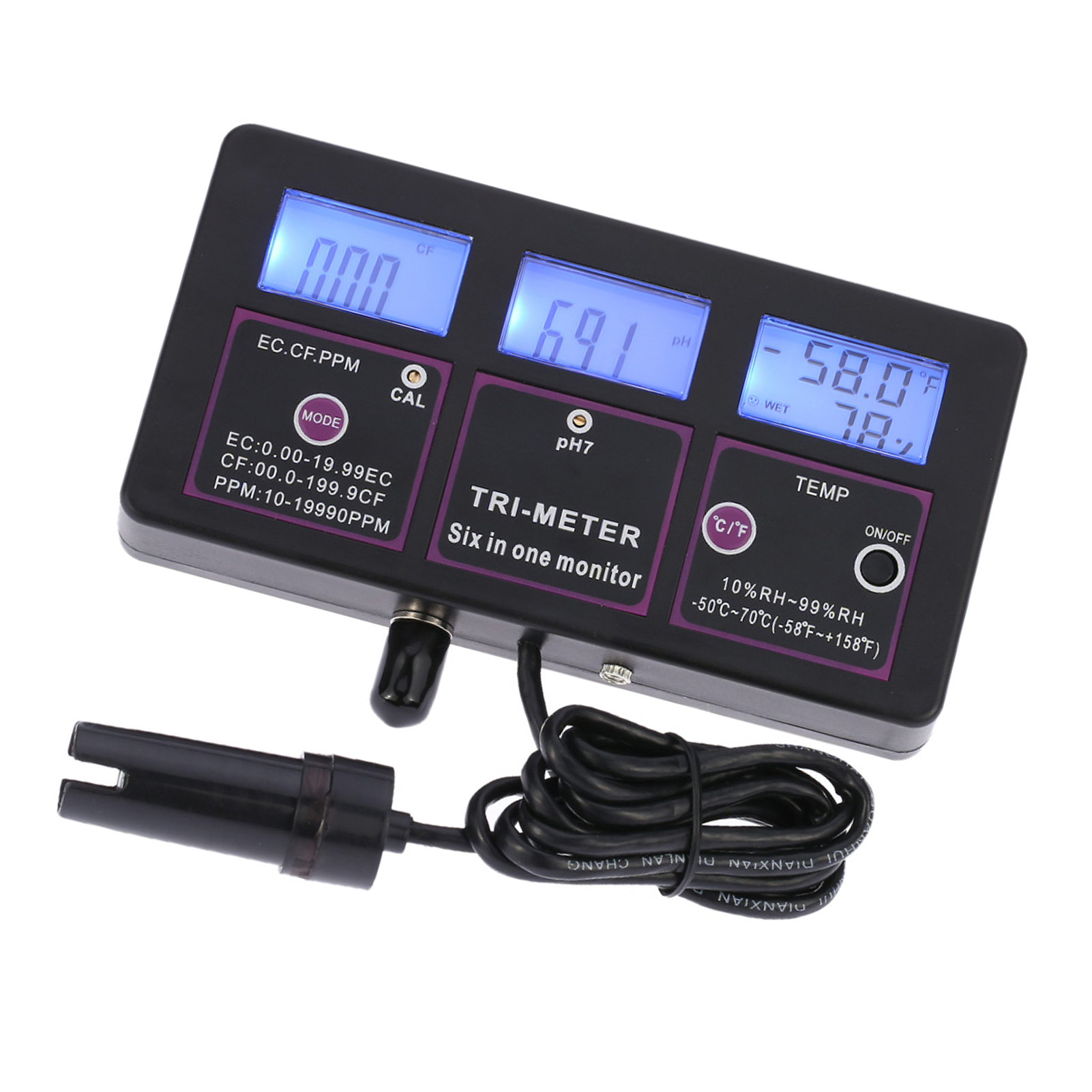 New Professional 6 in 1 Multi-parameter Water Testing Meter Digital LCD Multifunctional Water Quality Monitor pH / RH / EC / CF / TDS(PPM) / TEMP Multiparameter Water Quality Tester