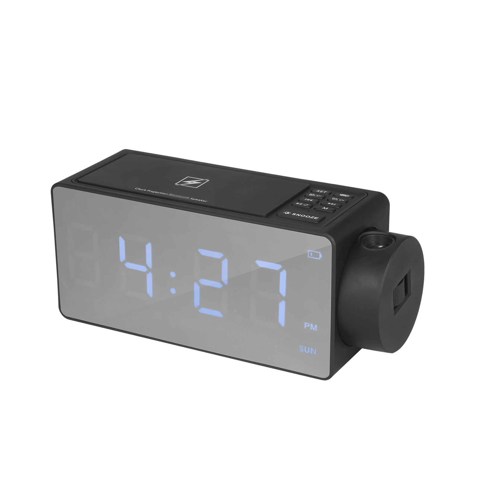 Projection Alarm Clock with BT Speaker 180°Projector Wireless Charging Dual Alarms Snooze Large Mirror LED Display Dimmer for Bedroom Office