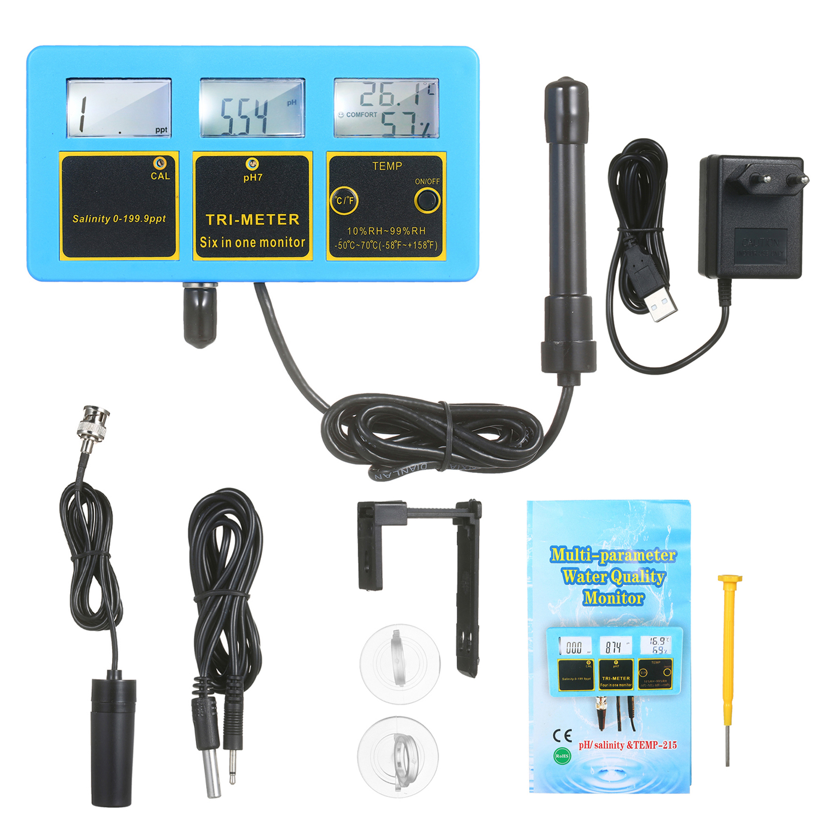 230V Multi-functional Water Quality Monitor 3-in-1 PH/Salinity/TEMP Meter Rechargeable Water Quality Tester Detector PH & Salinity Monitor 0~14pH 0-199.9ppt Salinity -50~70℃ 10%~99%RH Temperature Mete