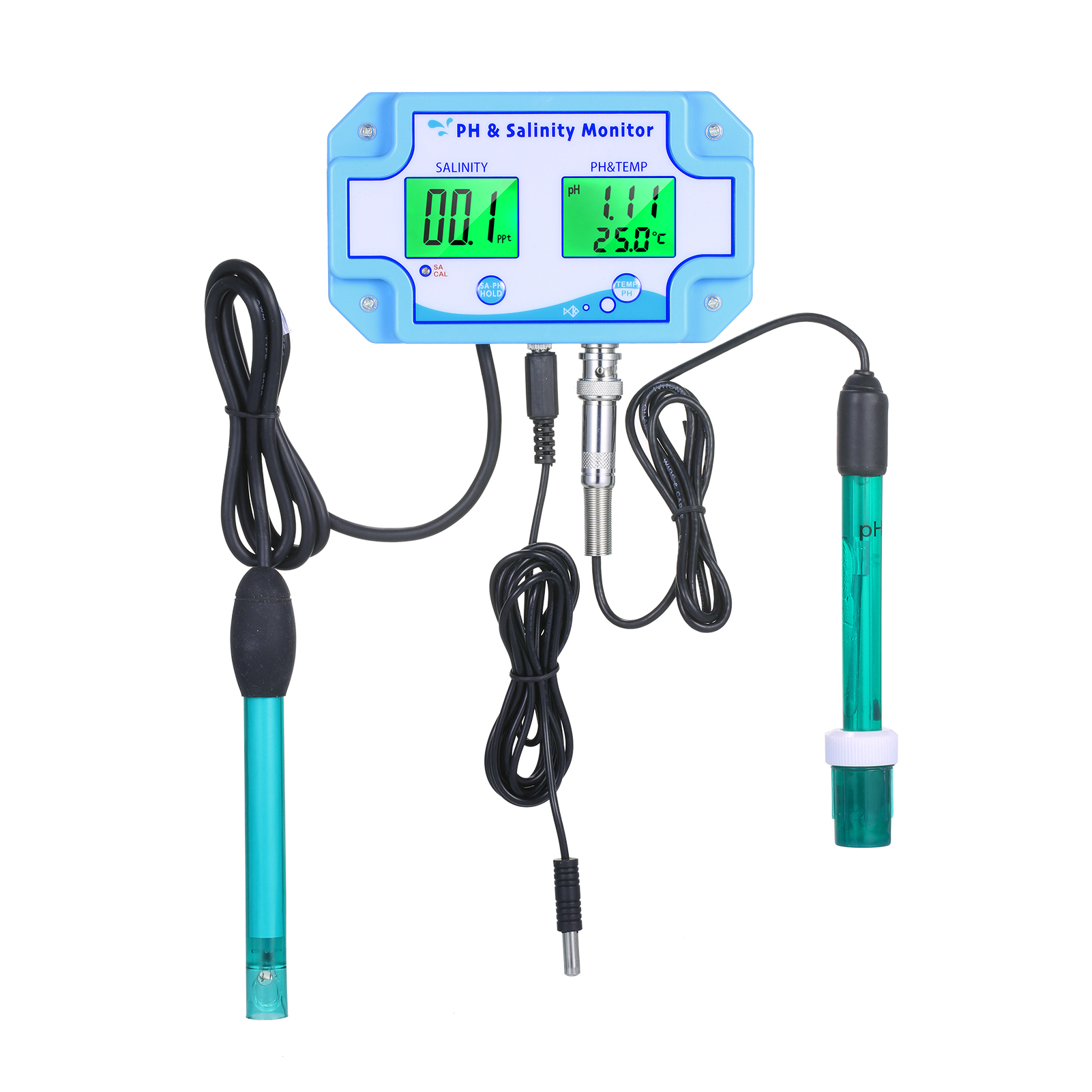 3-in-1 PH/Salinity/TEMP Water Quality Monitor Multi-functional pH & Salinity Monitor Temperature Meter Dual LCD Display with Green Backlight