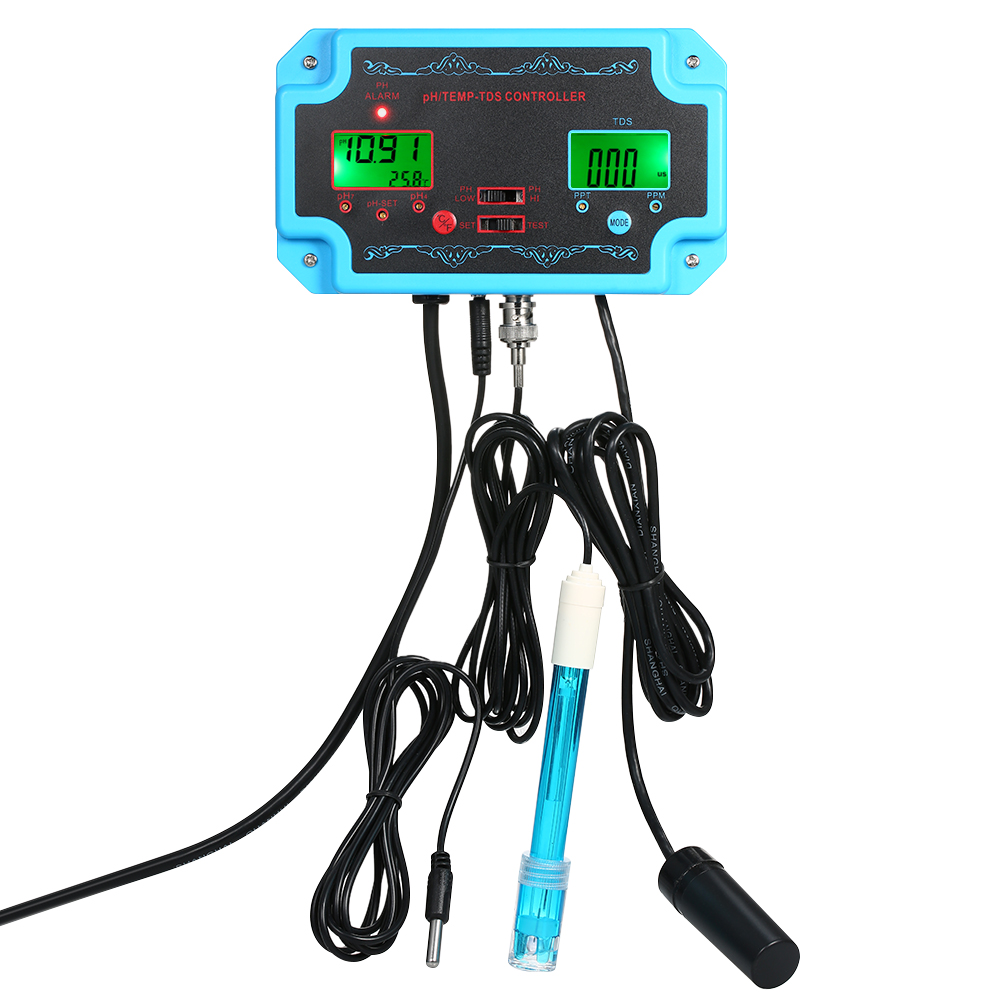 Professional 3 in 1 pH/TDS/TEMP Water Quality Detector pH Controller with Relay Plug Repleaceable Electrode BNC Type Probe Water Quality Tester for Aquarium Hydroponics Tank Monitor 14.00pH / 1999ppm 