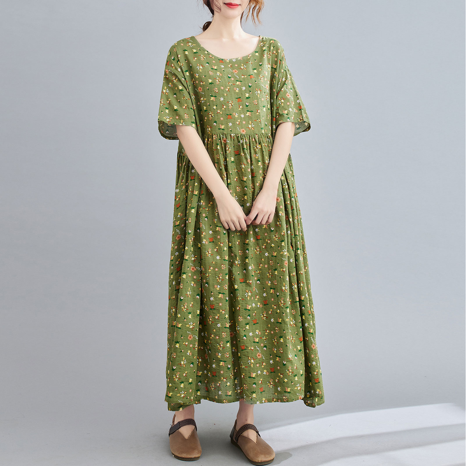 Women Cotton Linen Dress Vintage Print O-Neck Short Sleeve Pockets Loose Fit Casual Long Dress Robe