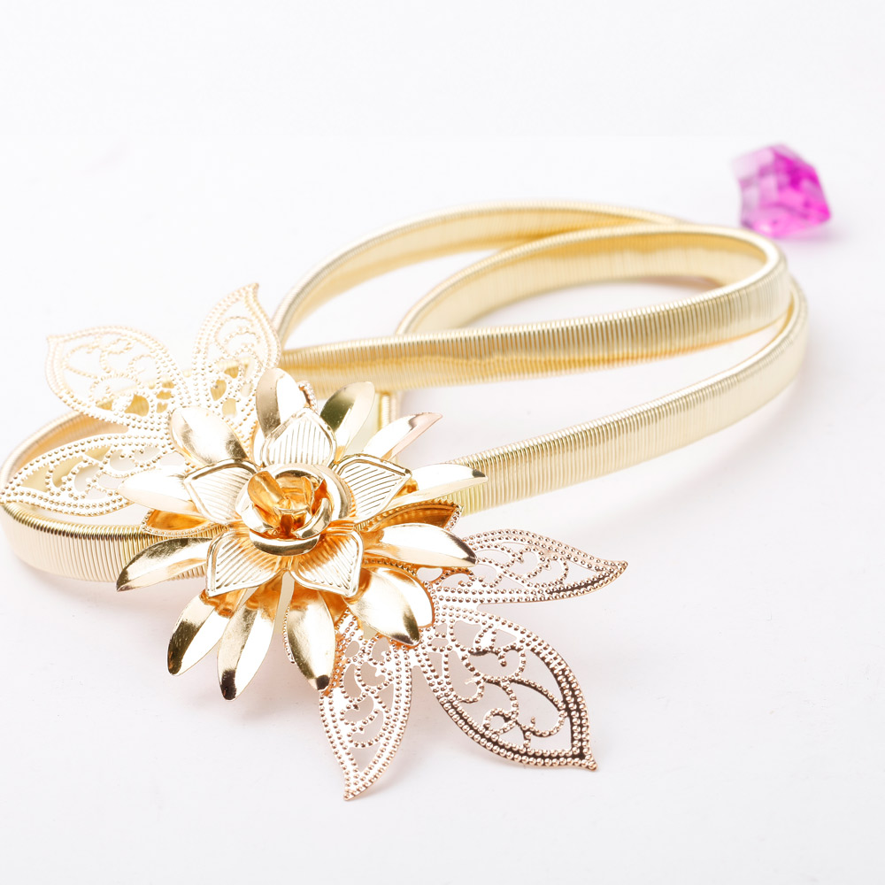 Fashion Women Lady Gold Metal Chain Belt Flower Embellishment Elastic Waist Strap Belt All-Match Cummerbund Gold