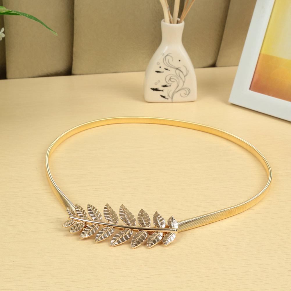 New Fashion Vintage Women Skinny Elastic Belt Leaf Design Clasp Front Stretch Metal Waist Belt Gold/Silver