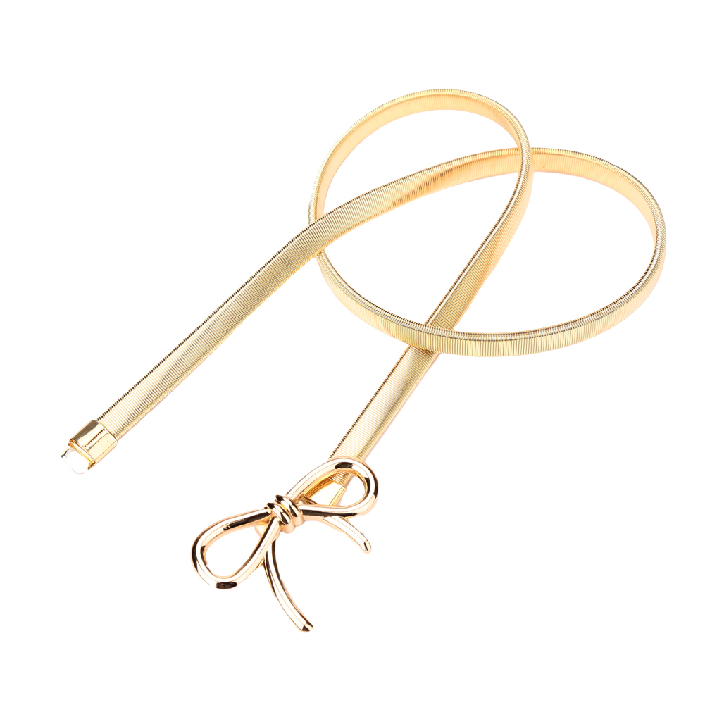 New Fashion Women Belt Bow Clasp Front Stretch Spring Waist Strap Skinny Elastic Waistband Gold/Silver