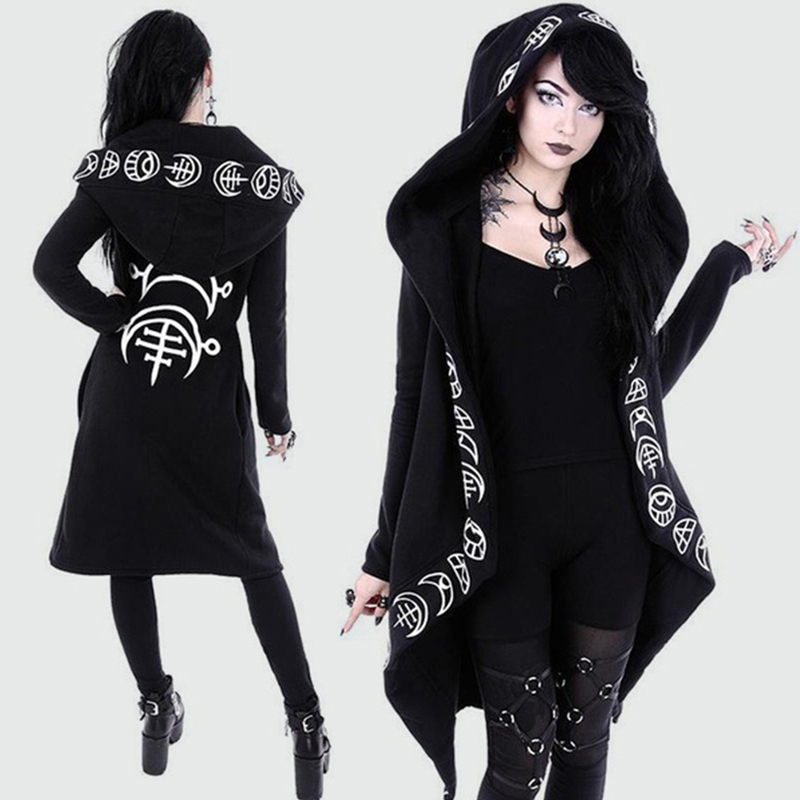 Women Gothic Chic Hooded Sweatshirt Plus Size Cotton Loose Moon Plain Print Punk Hoodie Irregular Cardigan