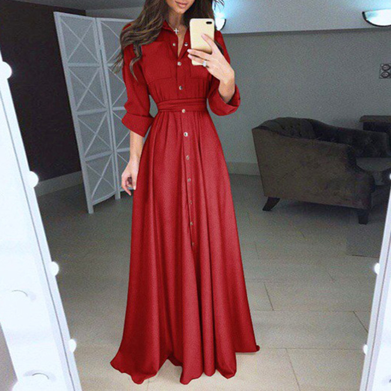 Women Chiffon Long Shirt Dress Solid Long Sleeves Button Belted Casual Maxi Dress Vestidos