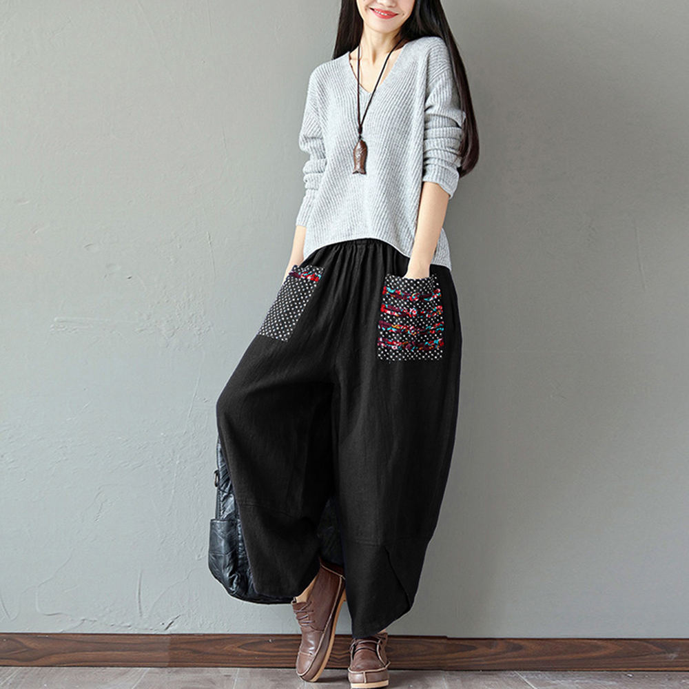 Vintage Women Ethnic Splicing Harem Pants Elastic Waist Wide Leg Trousers Baggy Loose Cotton Linen Pants