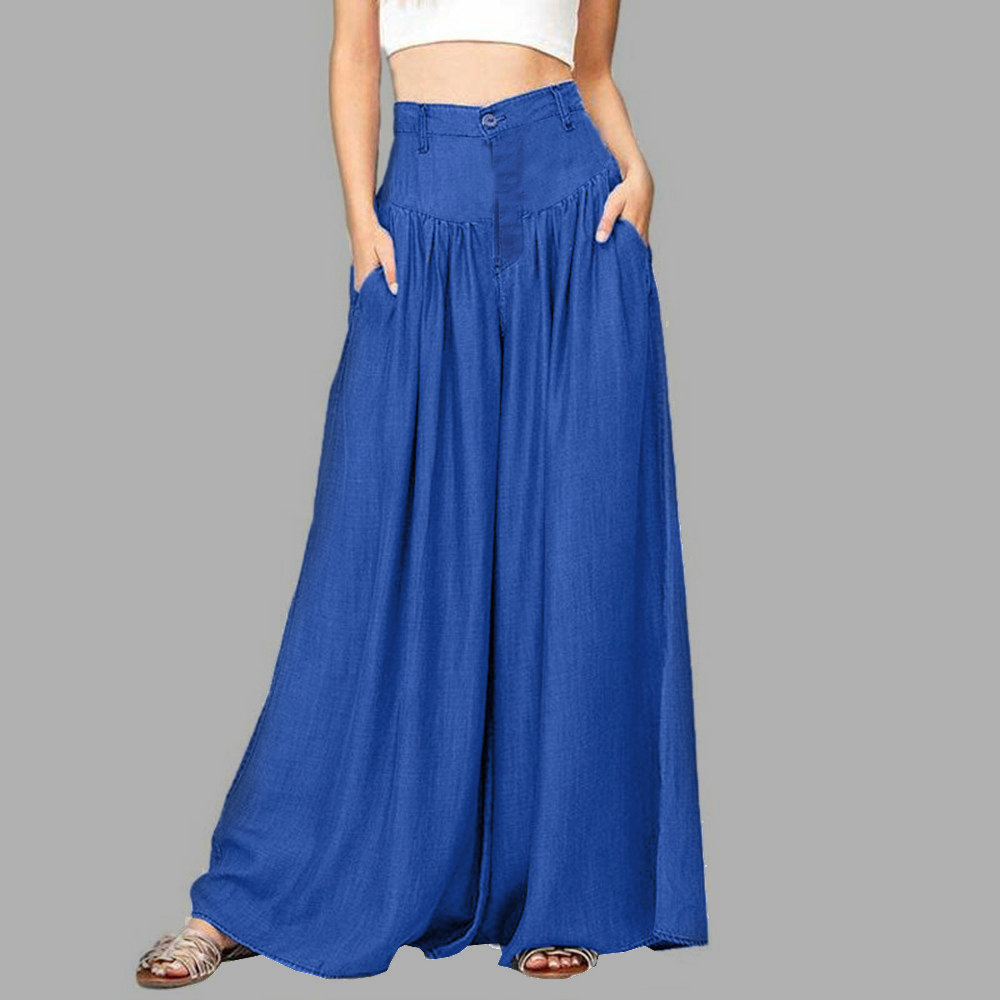 Women Solid Color Pants Wide Leg Pants High Waist Button Zipper Pocket Casual Loose Plus Size Trousers