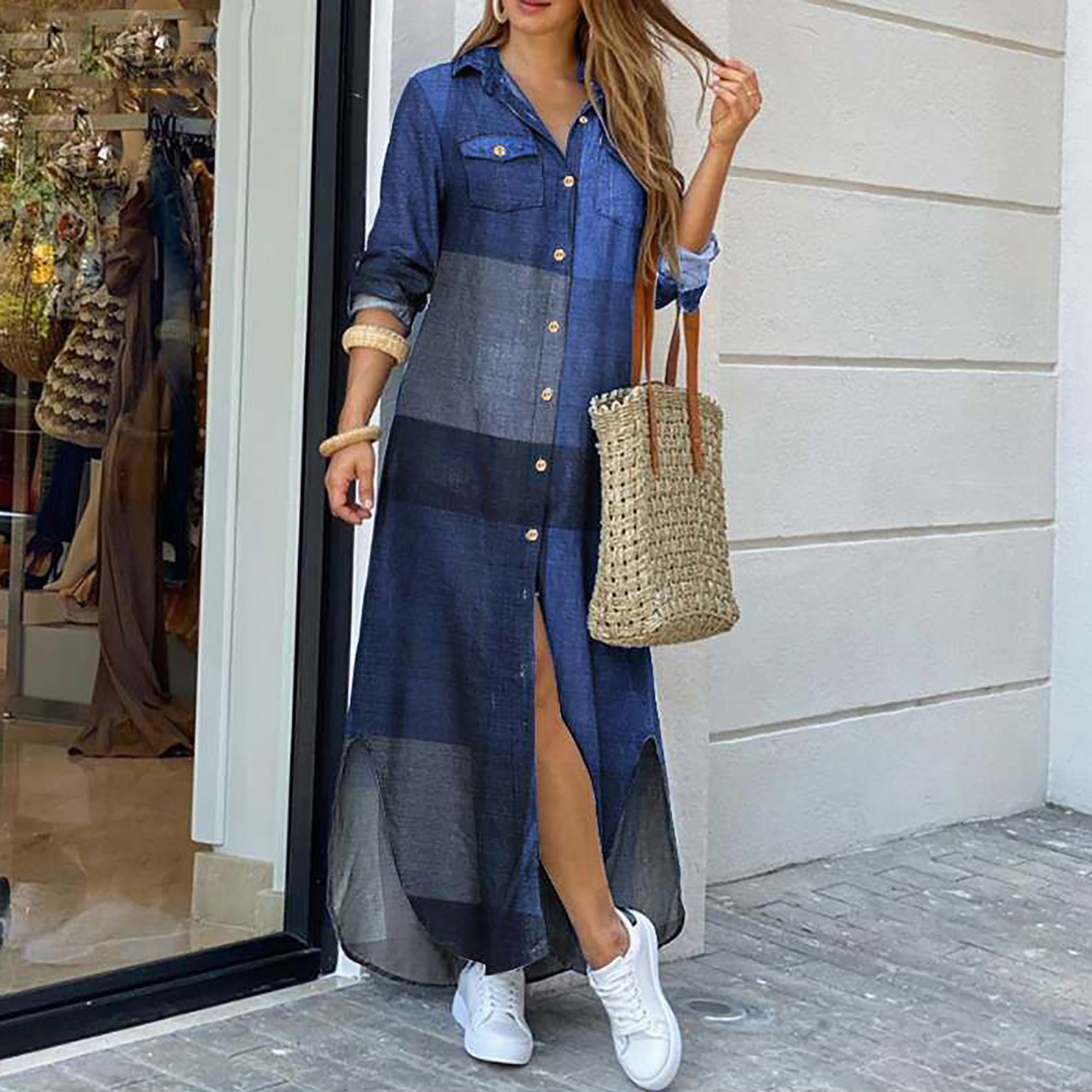 Women Vintage Shirt Dress Plaid Chains Print Turn Down Collar Buttoned Front Casual Loose Long Robe Gown