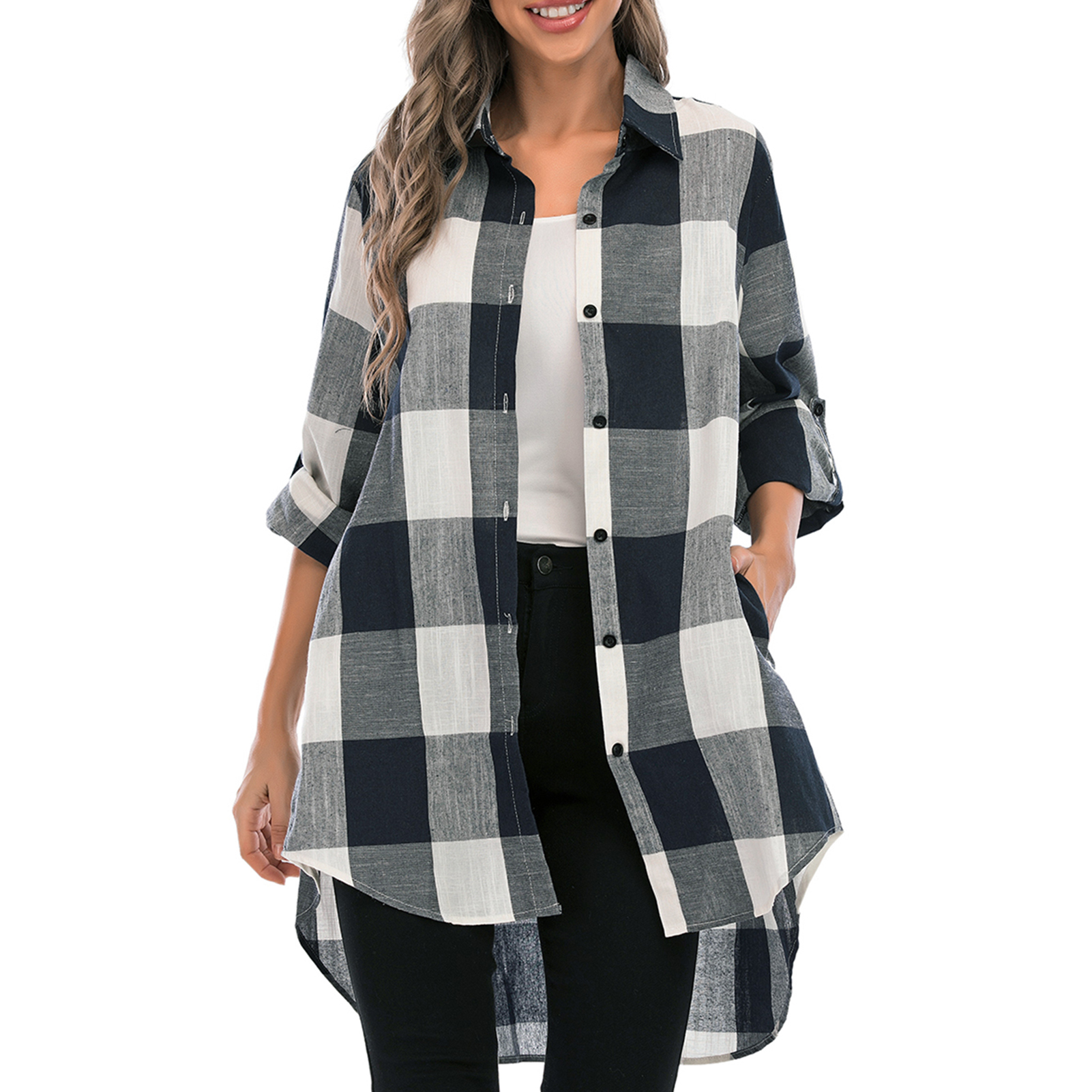 Women Plaid Shirt with Long Roll-Up Sleeves Pockets Button Down Turn-down Collar Loose Casual Blouse Tops Plus Size