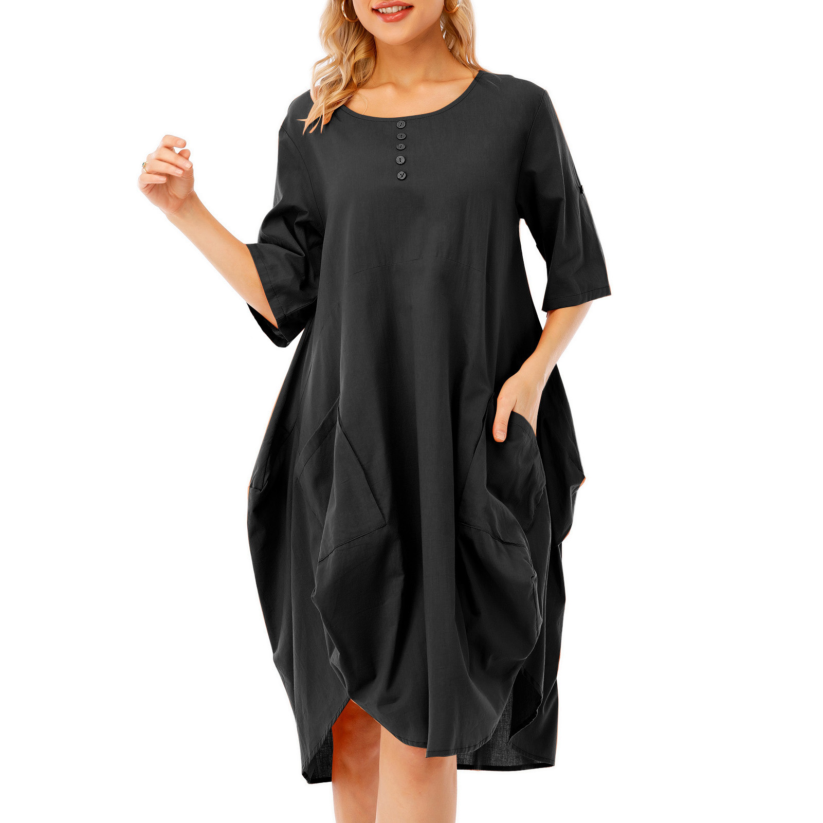 Women Tunic Dress Roll-up Short Sleeve Comfortable Cotton Pockets Irregular Hem Solid Baggy Midi Dress