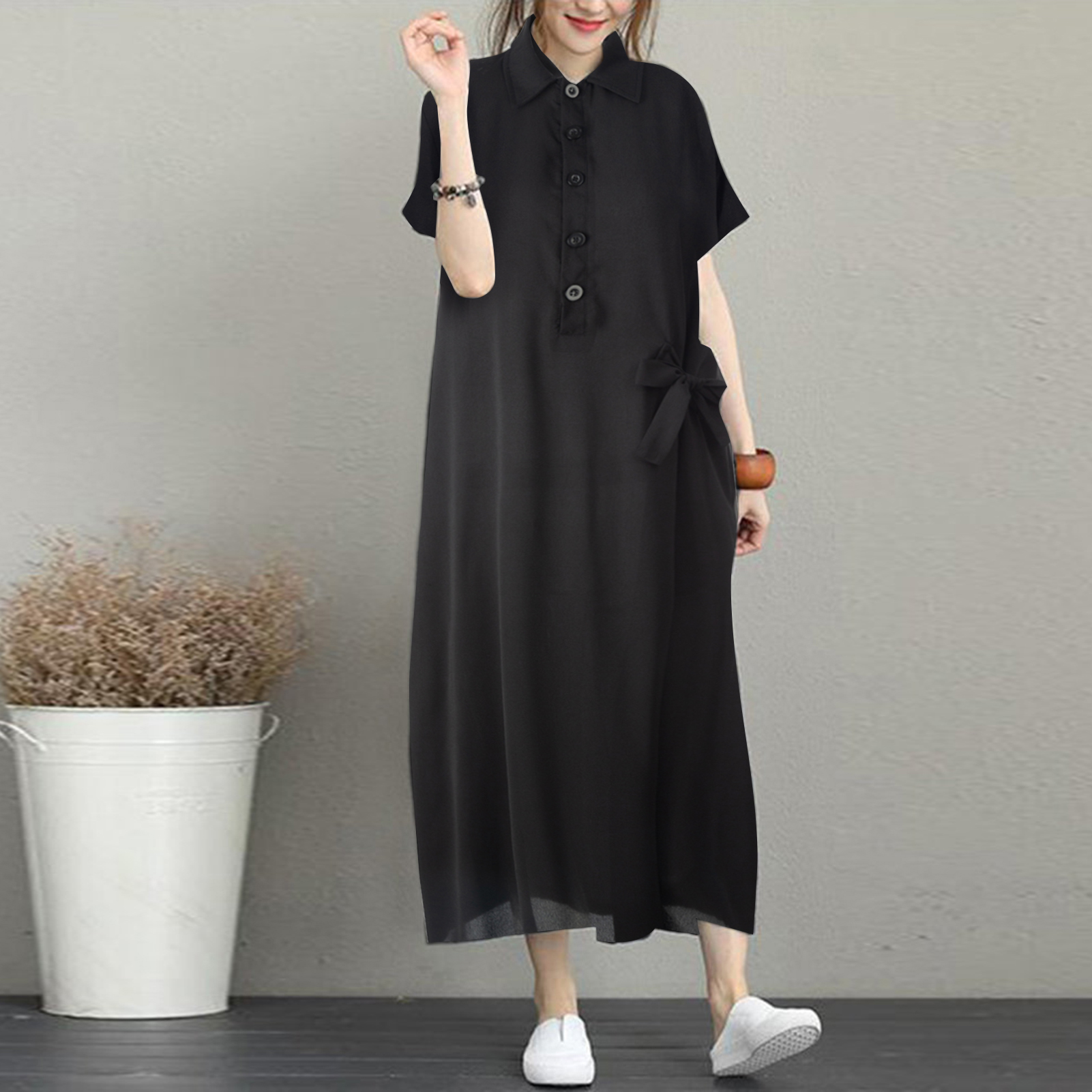 Women Shirt Dress Belted Pockets Button Turn-down Collar Short Sleeve Casual Summer Midi Dress