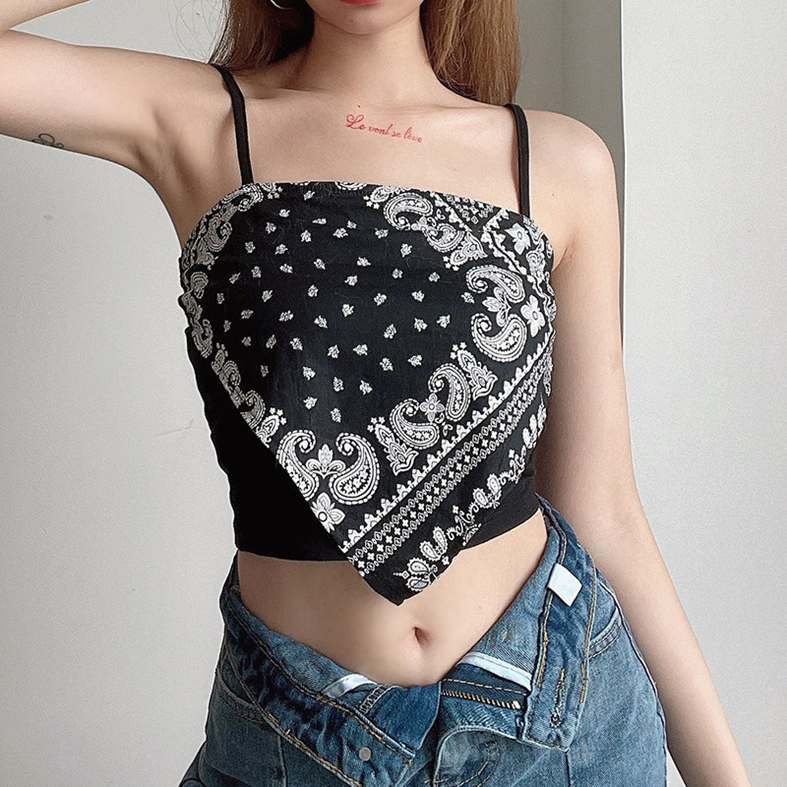 Women Crop Cami Top Paisley Print Spaghetti Strap Irregular Scarf Vast Sexy Vintage Tube Crop Top