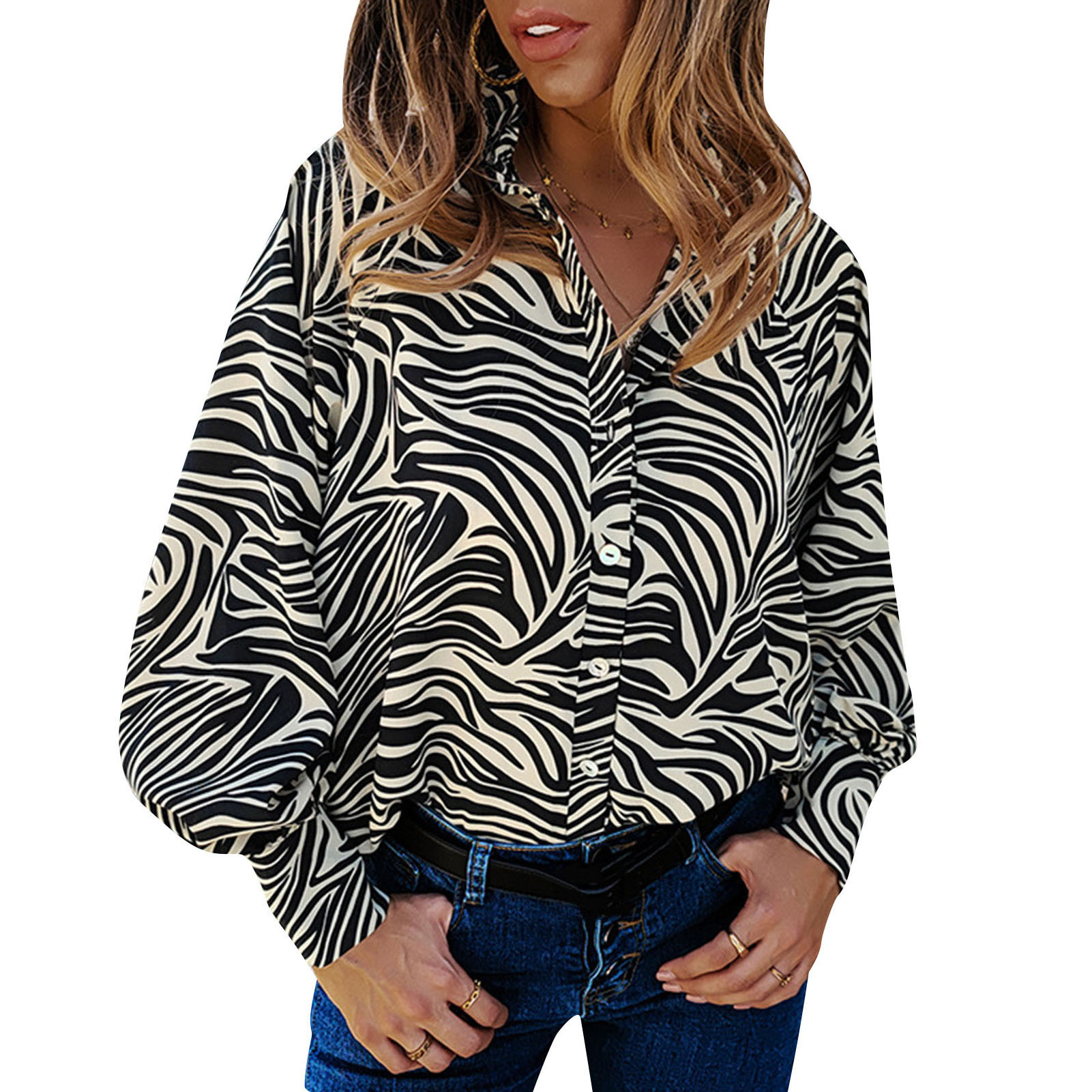 Women Zebra Print Blouse Stand Collar Long Lantern Sleeve Button Down Tops Shirt