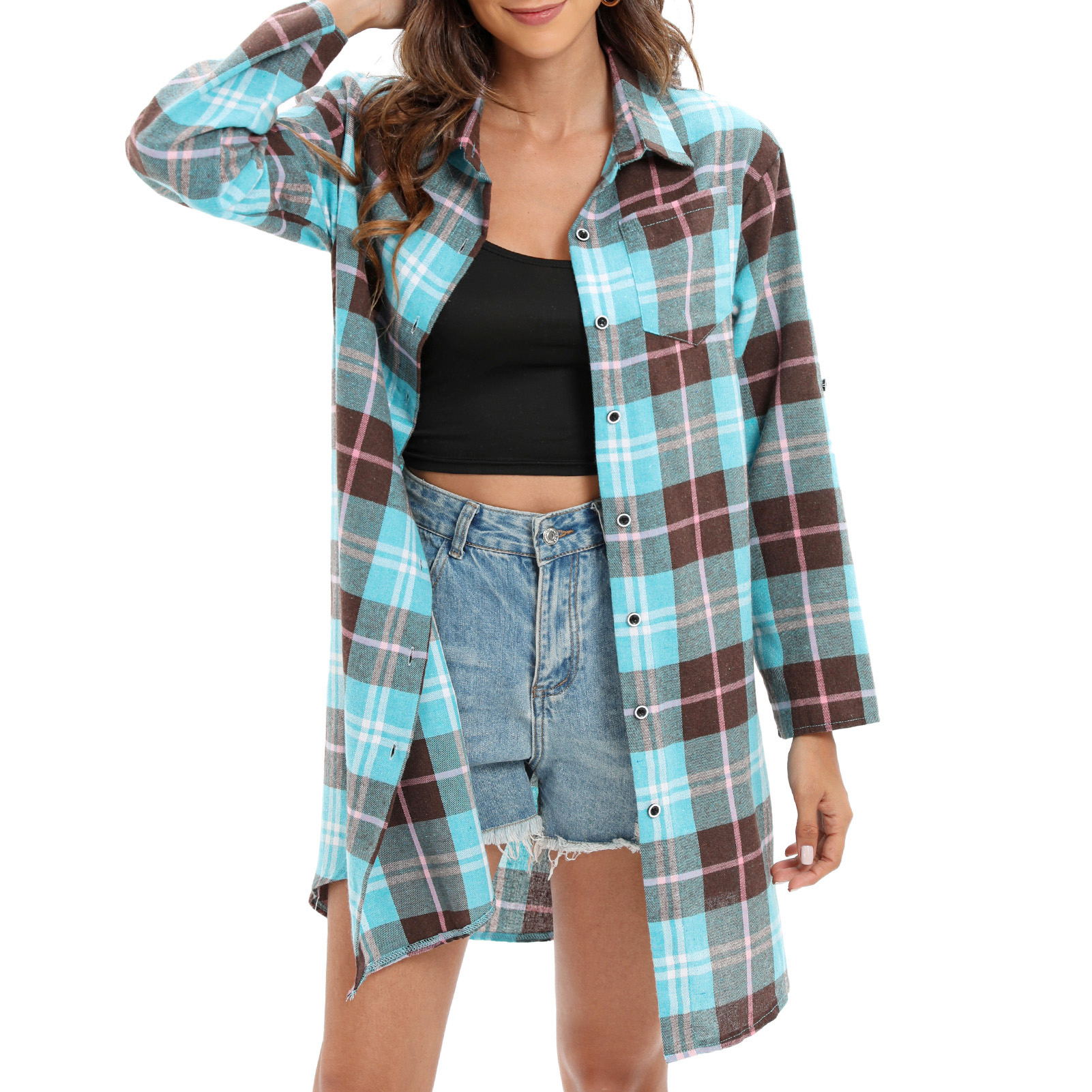 Women Long Shirt Plaid Long Sleeve Buttons Casual Loose Shirts