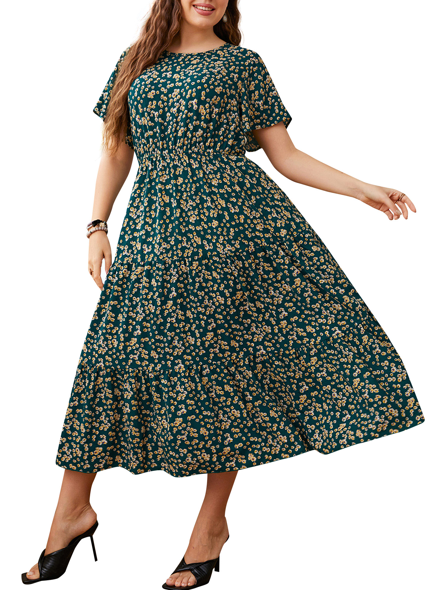 Women Plus Size Dress Floral Printed Short Sleeved Casual Dress