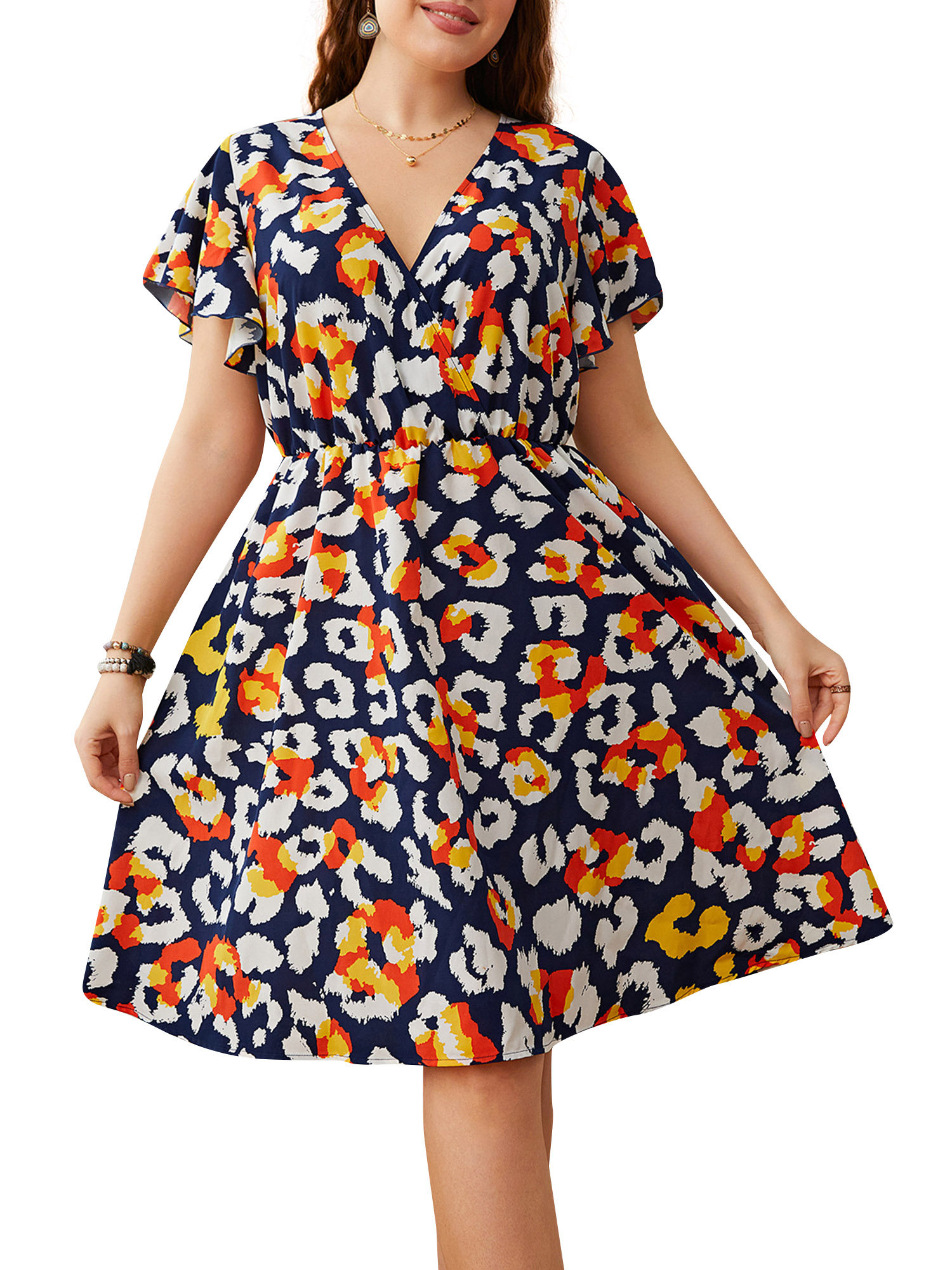 Women Plus Size Dress Printed Short Sleeved Elastic Waist Casual Dress