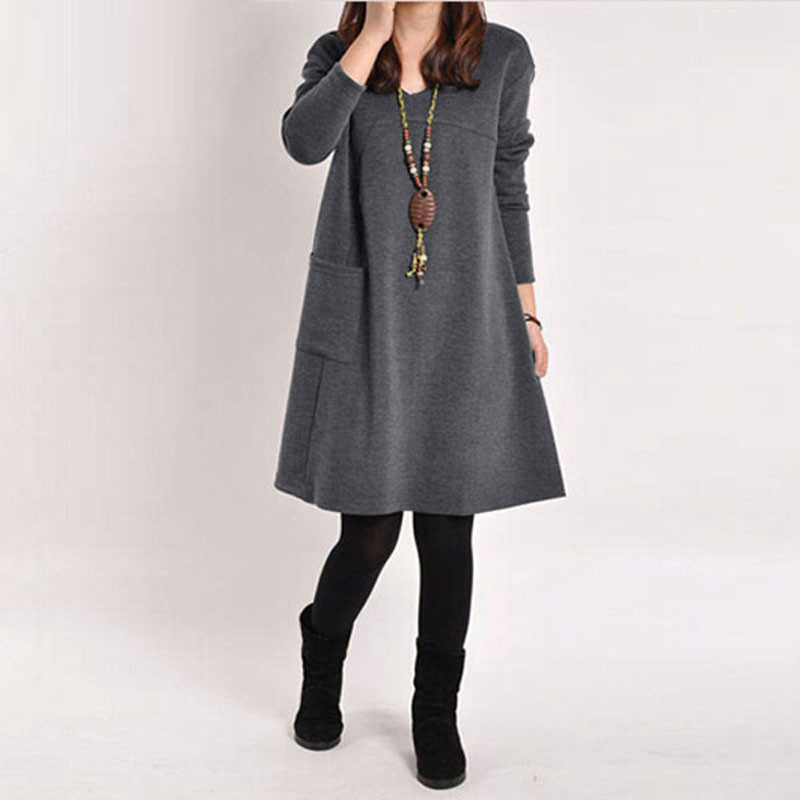 Autumn Winter Women Dress Plus Size Long Sleeves Pockets Solid V Neck Loose Dress