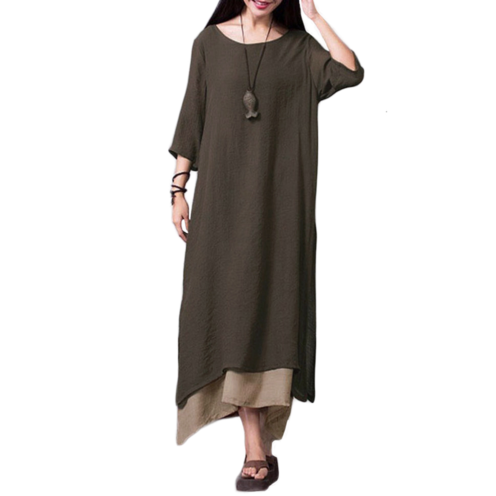 New Women Vintage Dress Split Irregular Hem Casual Loose Boho Long Maxi Dresses Orange/Army Green/Coffee