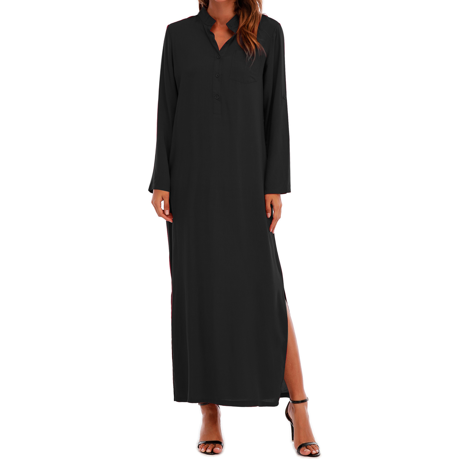 Women Retro Long Maxi Dress Elegant Sexy Ladies Long Sleeve Stand Collar Long Line Split Solid Shirt Dress