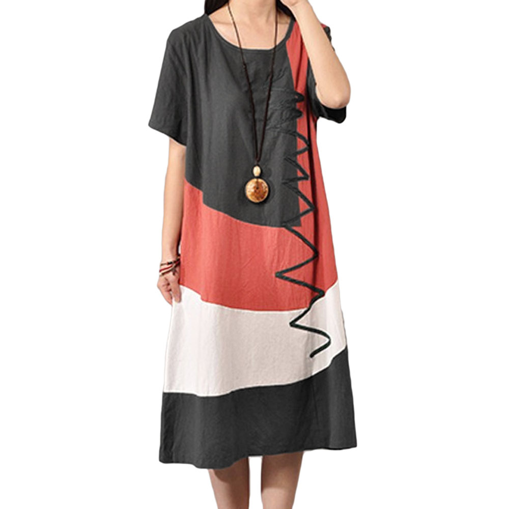 Women Cotton Vintage Dress Contrast O Neck Short Sleeves Splice Mid-Calf Length Casual Loose Dress Dark Grey/Watermelon Red