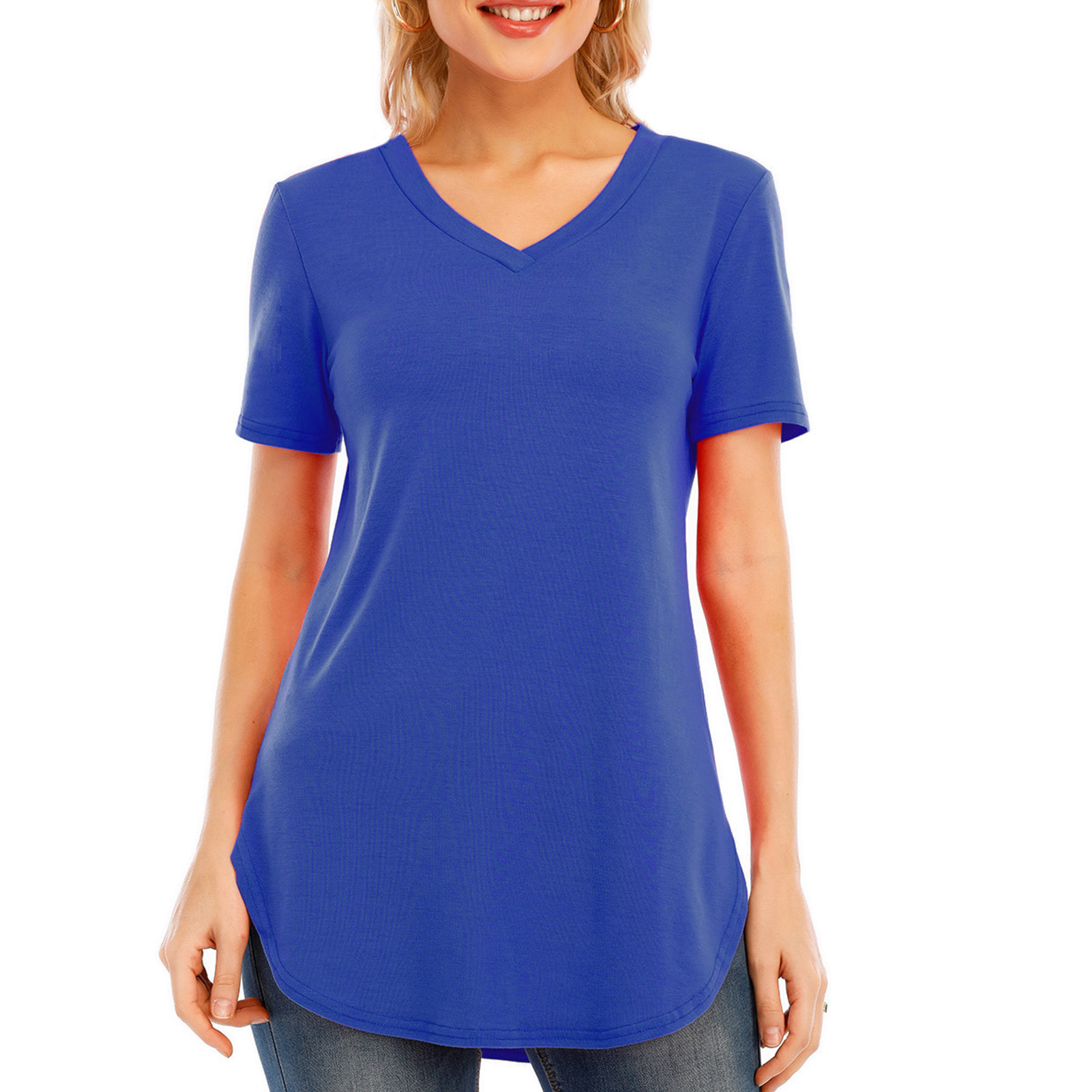 New Fashion Women T-shirt Solid Color V Neck Short Sleeve Rounded Hem Long Casual Party Wear Tops