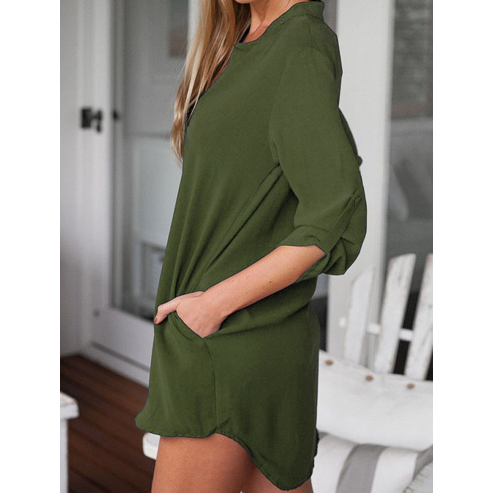 Women Chiffon Shirt Dress V Neck Pockets Roll up Long Sleeves Asymmetrical Solid Loose Casual Blouse Tunic Shirt